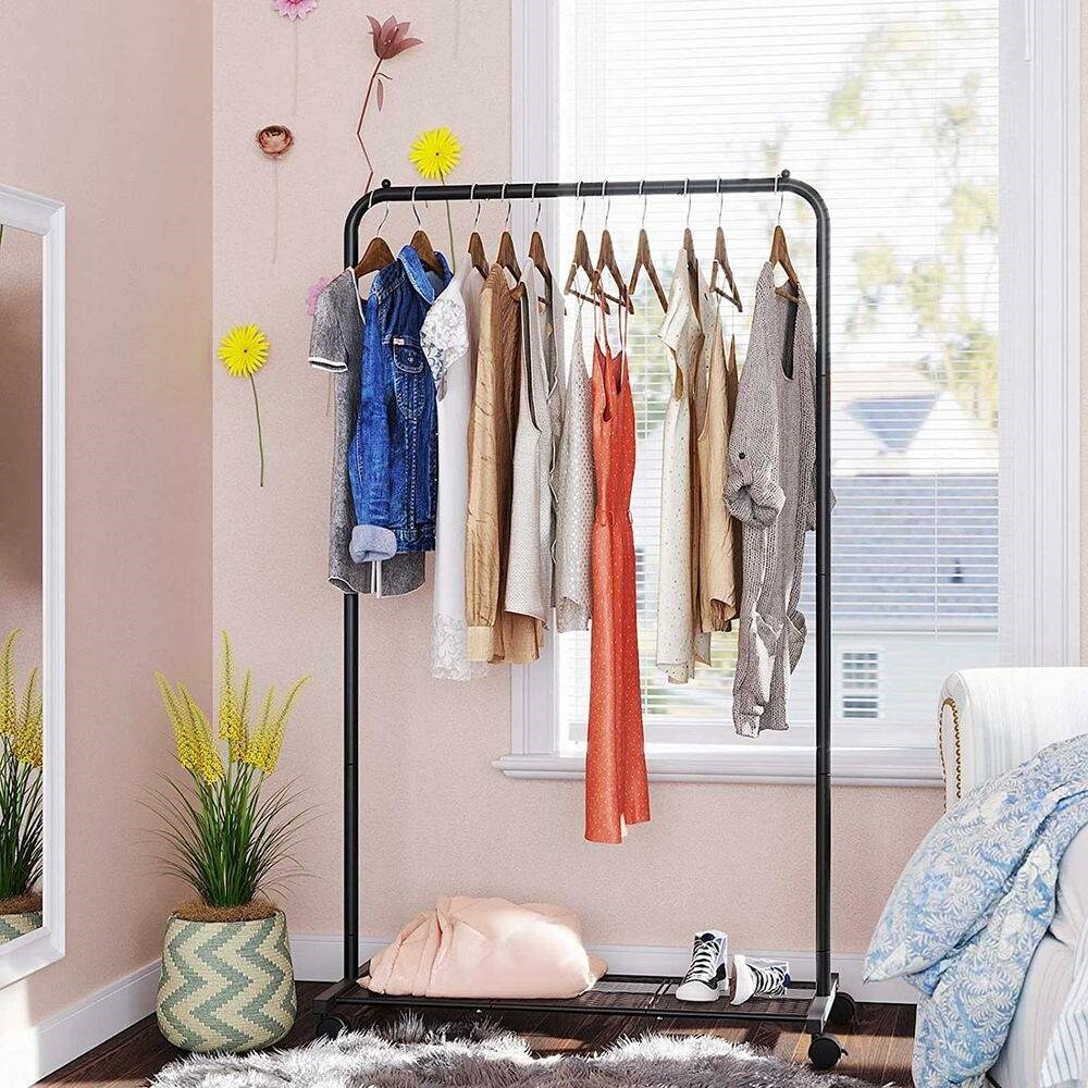 Black Steel Rolling Garment Rack with Mesh Shelf and Lockable Wheels for Clothes Storage and Organization