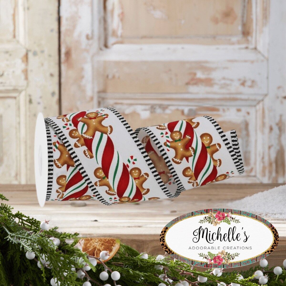 2.5&#x22; Gingerbread Kids Stripe Ribbon: White/Red (10 Yards)