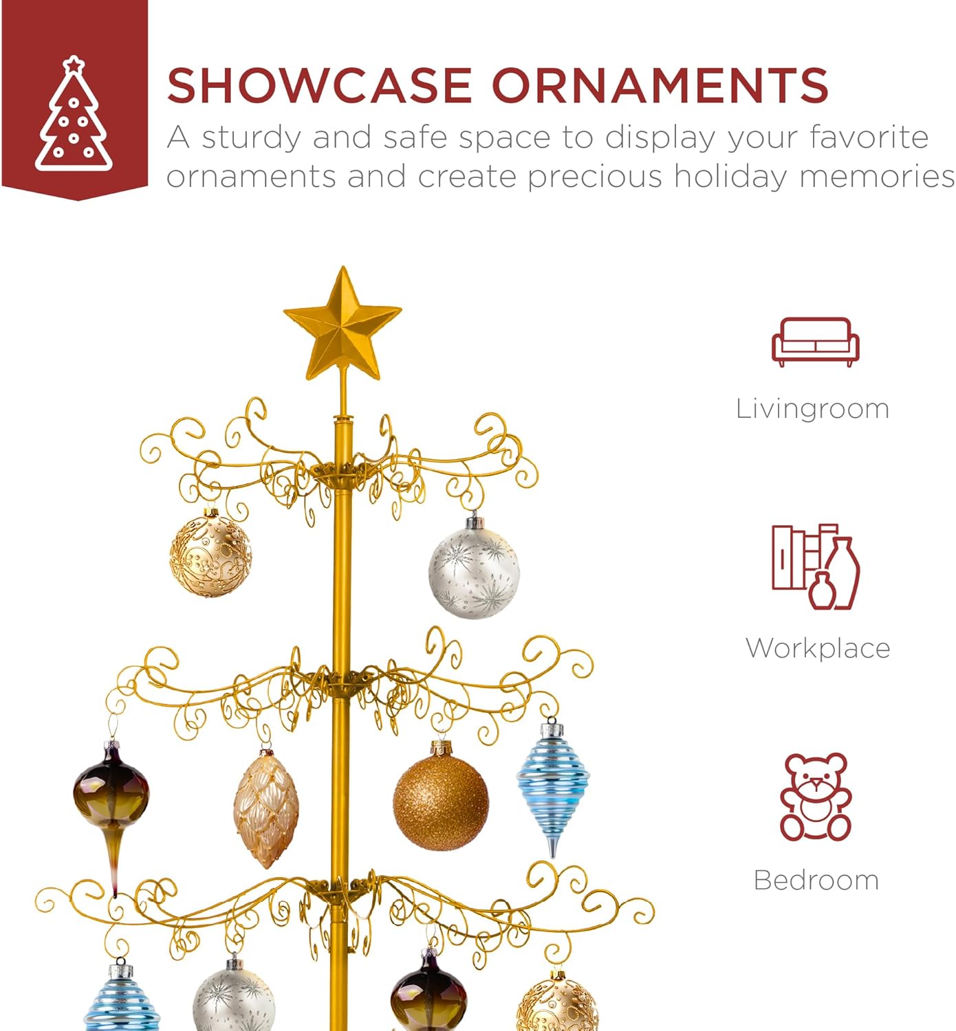 Gold Wrought Iron Ornament Display Christmas Tree Foldable Stand, & Metal Frame for Indoor Holiday Decor