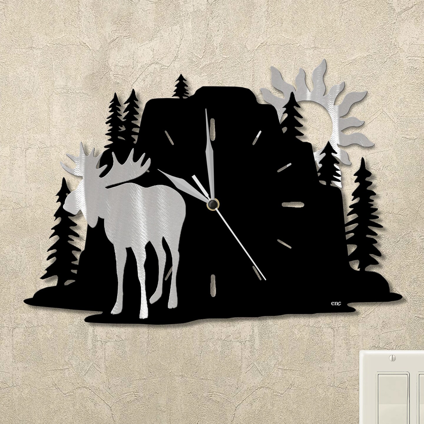 15in Pine Mountain Moose Metal Wall Clock: Lodge Decor in Black or