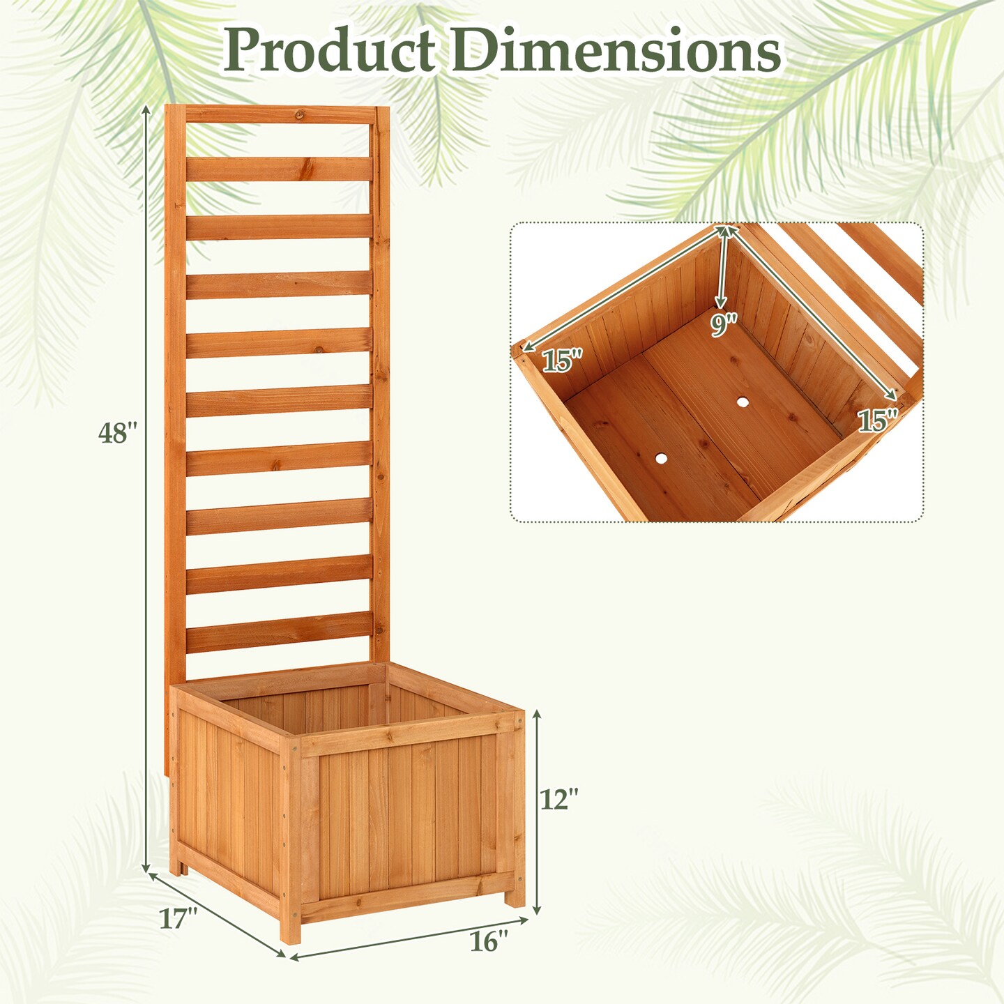48" Wooden Raised Garden Planter Box with Trellis and Drainage