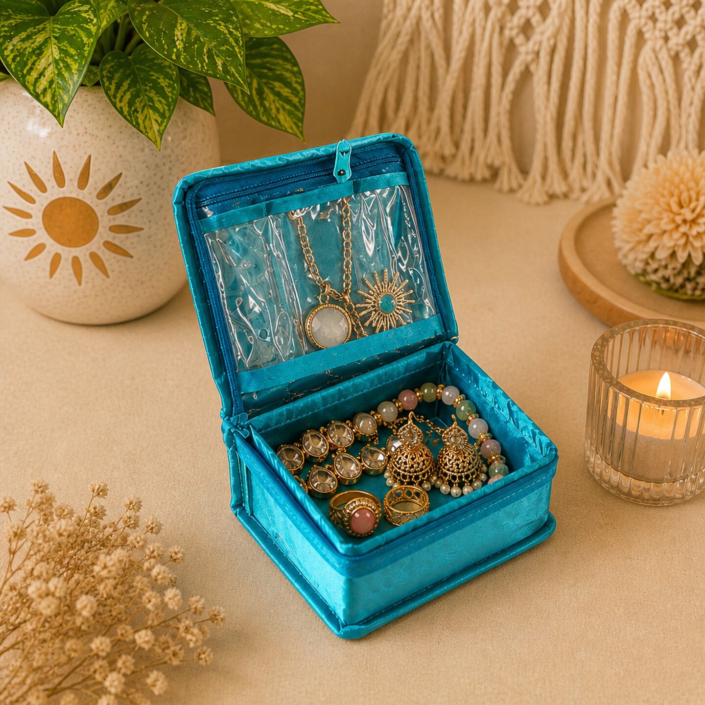 Lotus Print Satin Jewelry Box (6.5 Inch) – Includes 4 Transparent