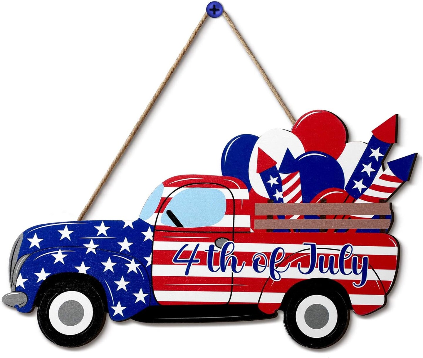 4th of July Hanging Sign Independence Day Decoration American Flag Truck Decor Door Sign Wooden Hanging Truck Sign Plaque Decor for Room Front Door Porch, 11.8 x 4.8 Inch