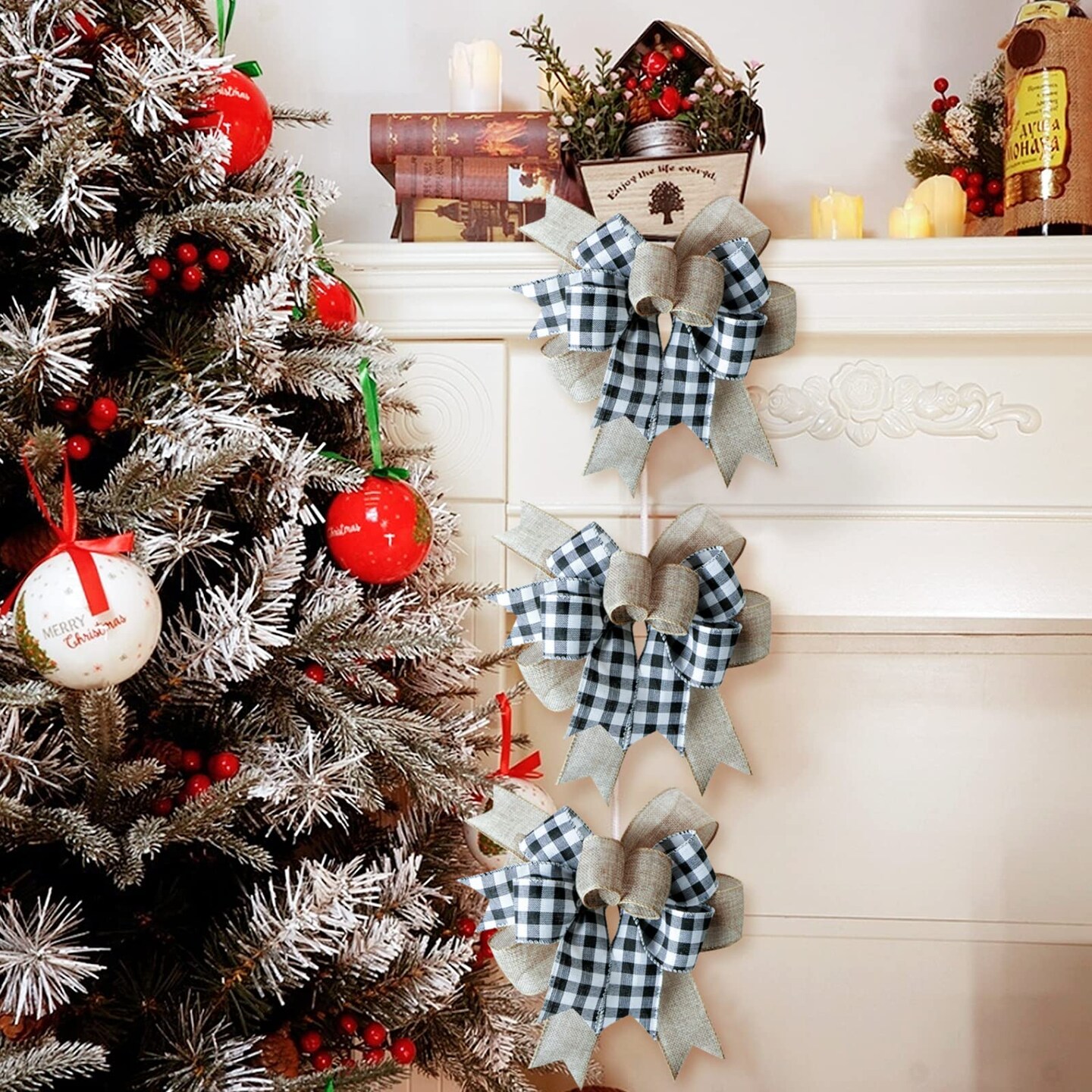 SIMISI RIBBON Christmas Buffalo Plaid Bow Burlap Black White Plaid Bows for Wreath Kitchen Decor (9.5 x 13 inch)