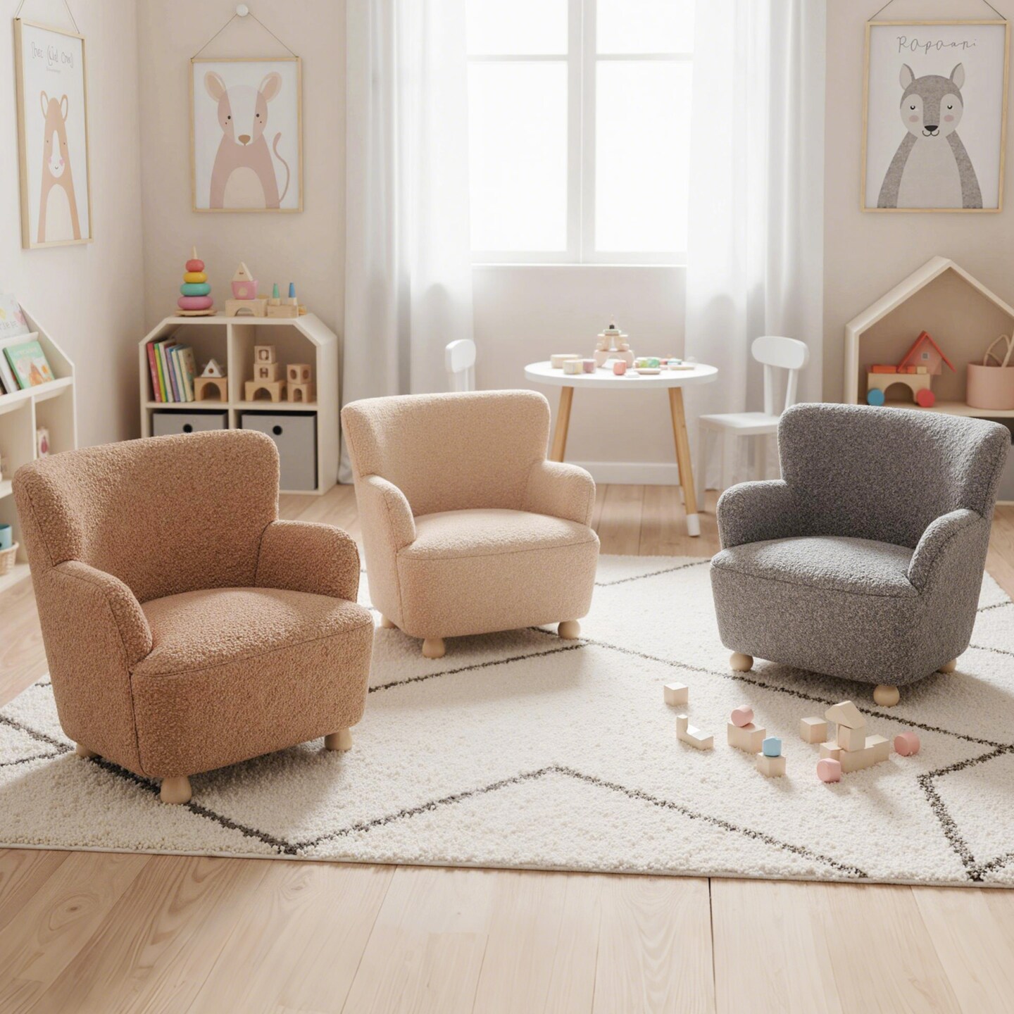 Nude Pink Sherpa Kids Sofa Chair for Toddlers Comfortable Rubber Wood Couch for Playroom or Nursery