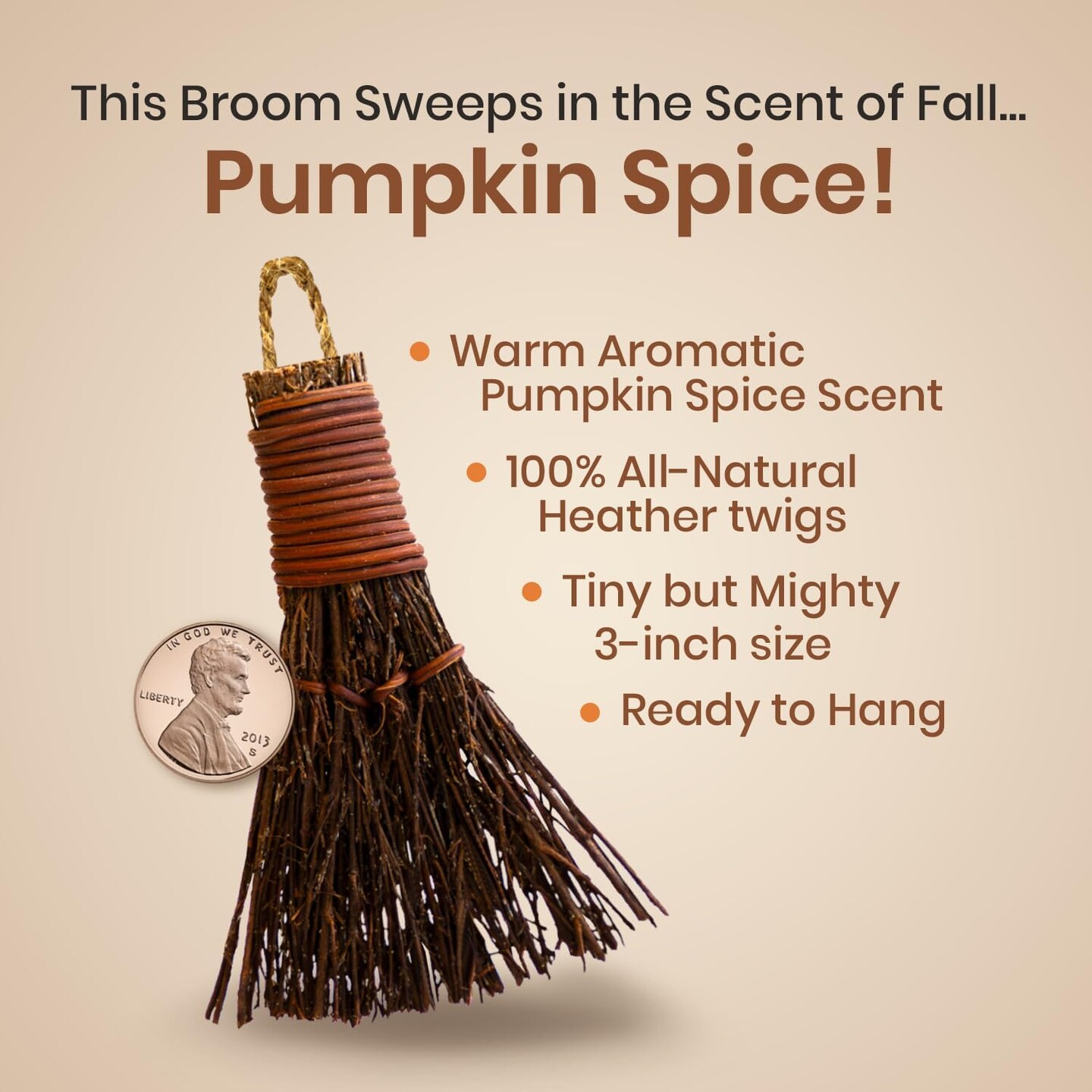 Pumpkin Spice Scented Broom 3in Mini Broomsticks - Decorative Witch Broom for Door Protection & Halloween Décor