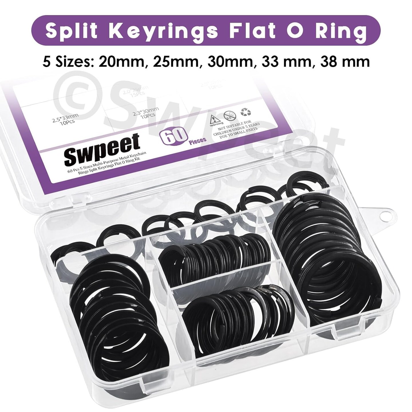 60-Piece Black Assorted Metal Keychain Rings – Multi-Purpose Split Keyrings (20mm, 25mm, 30mm, 35mm, 38mm) for Home, Car Keys, Pendants, and Attachments