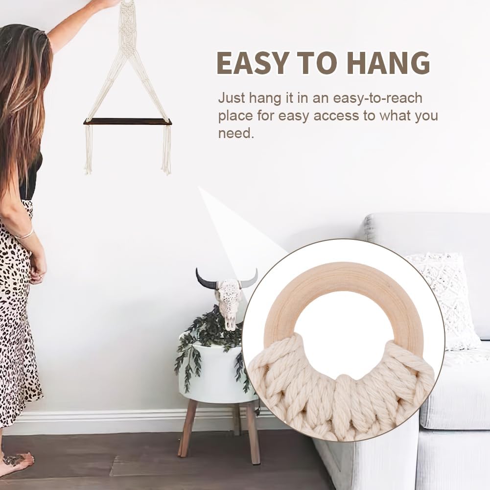 2PCS Macramé Wall Hanging Shelves – Farmhouse Rustic Boho Floating Wood Display, Triangle Macramé Rope Plant Shelves for Bedroom, Dorm, Nursery, Living Room, or Bathroom