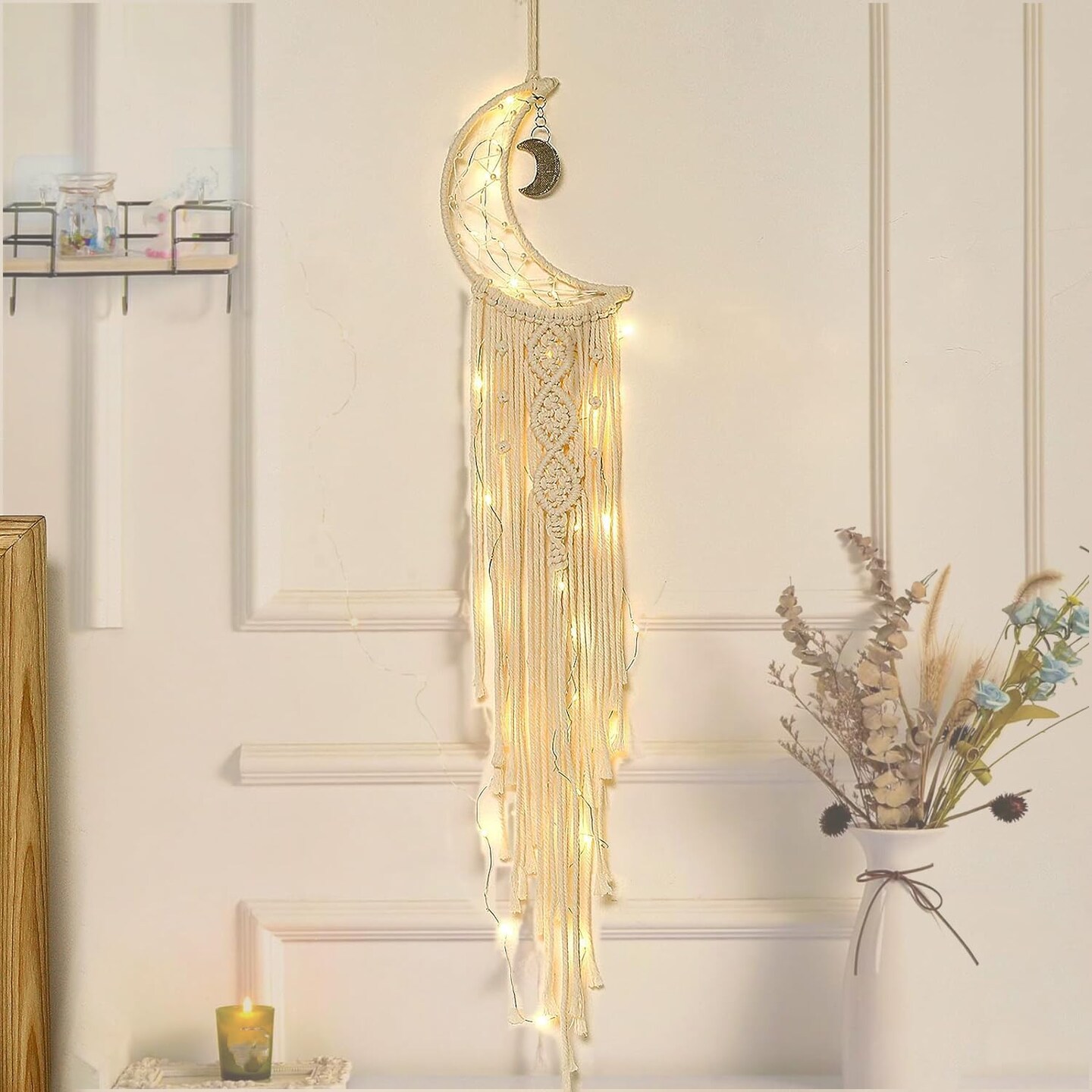 Dream Catcher with LED String Lights Handmade Boho Macrame Wall Hanging Photo Display Woven Decoration Ornament with Photo Clips for Room Wedding Home Decor (Moon)