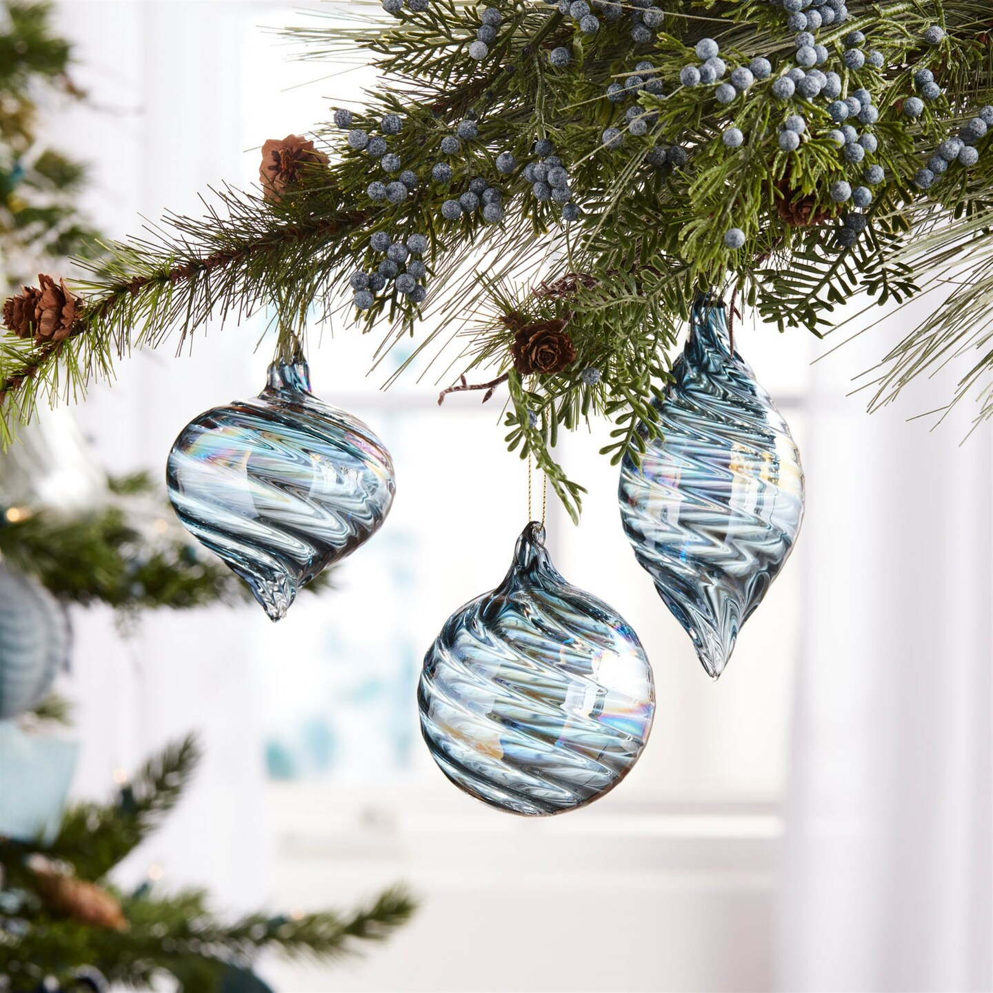 Melrose Iridescent Swirl Glass Christmas Ornaments - 5" - Blue - 12ct