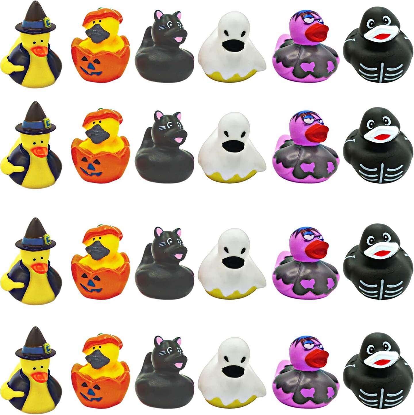 4E's Novelty Halloween Rubber Ducks Bulk 24 Pack – 6 Designs Pumpkin, Cat, Zombie, Witch, Skeleton & Ghost – 2.5" Halloween Party Favors, Goodie Bag Fillers, Jeep Ducking, Trick or Treat Toys