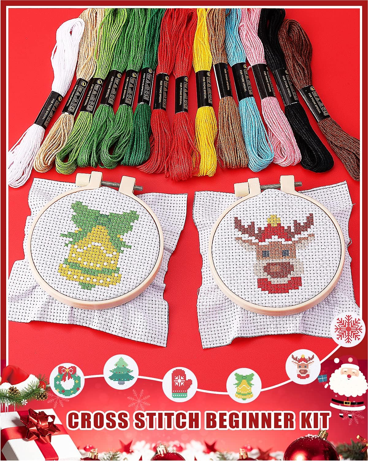 Christmas Cross Stitch Beginner Kits for Kids 7-13, Includes 6pcs Project Cross Stitch Pattern and 2pcs Hoops