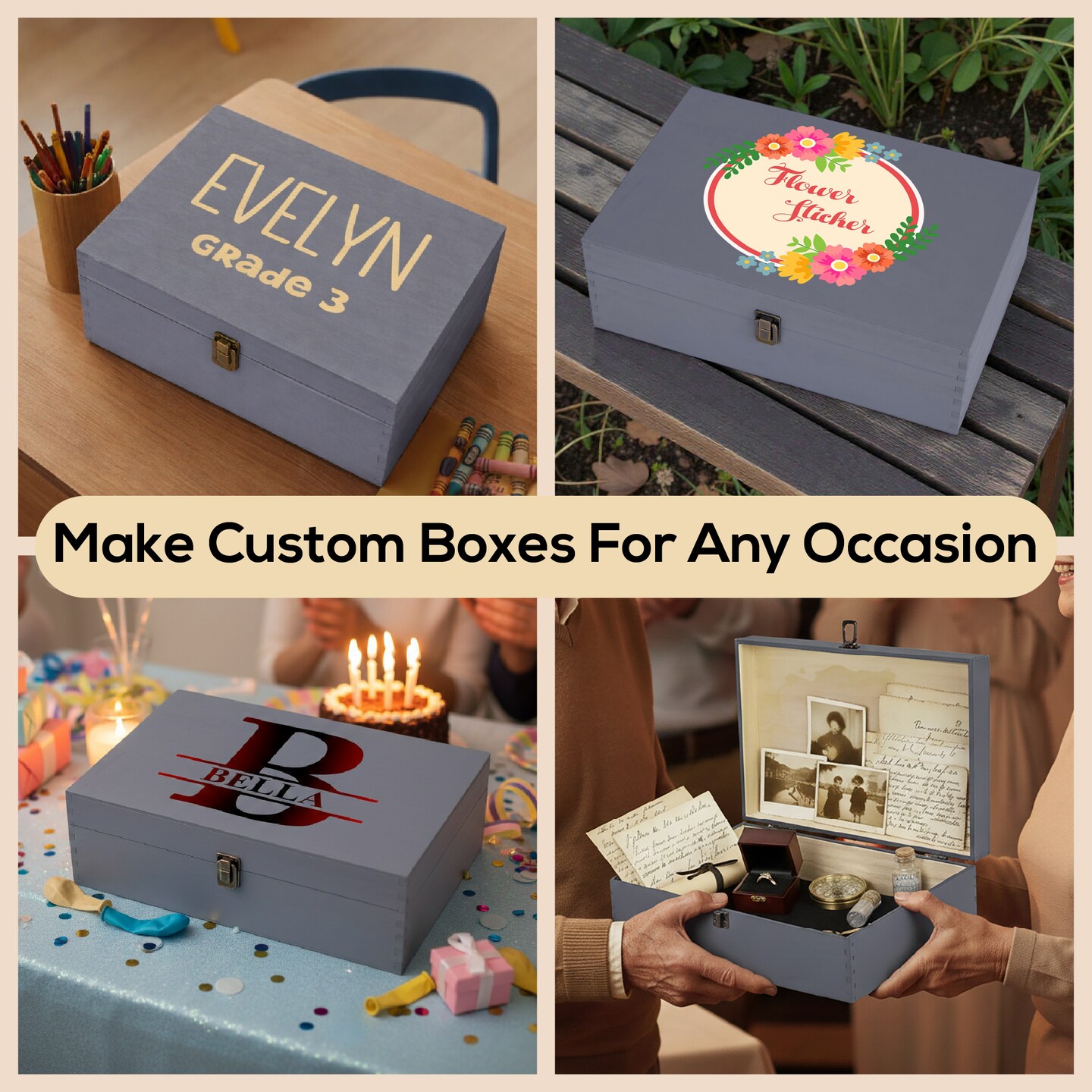 Makerflo XL Size Pine Wood Memory Box with Black Felt Inside and