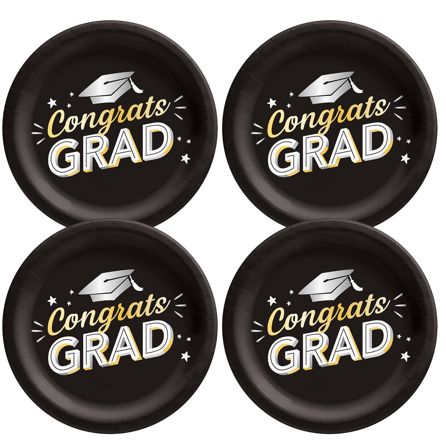 Black Congrats Grad 8 1/2" Round Disposable Dinner Plates 8 Count