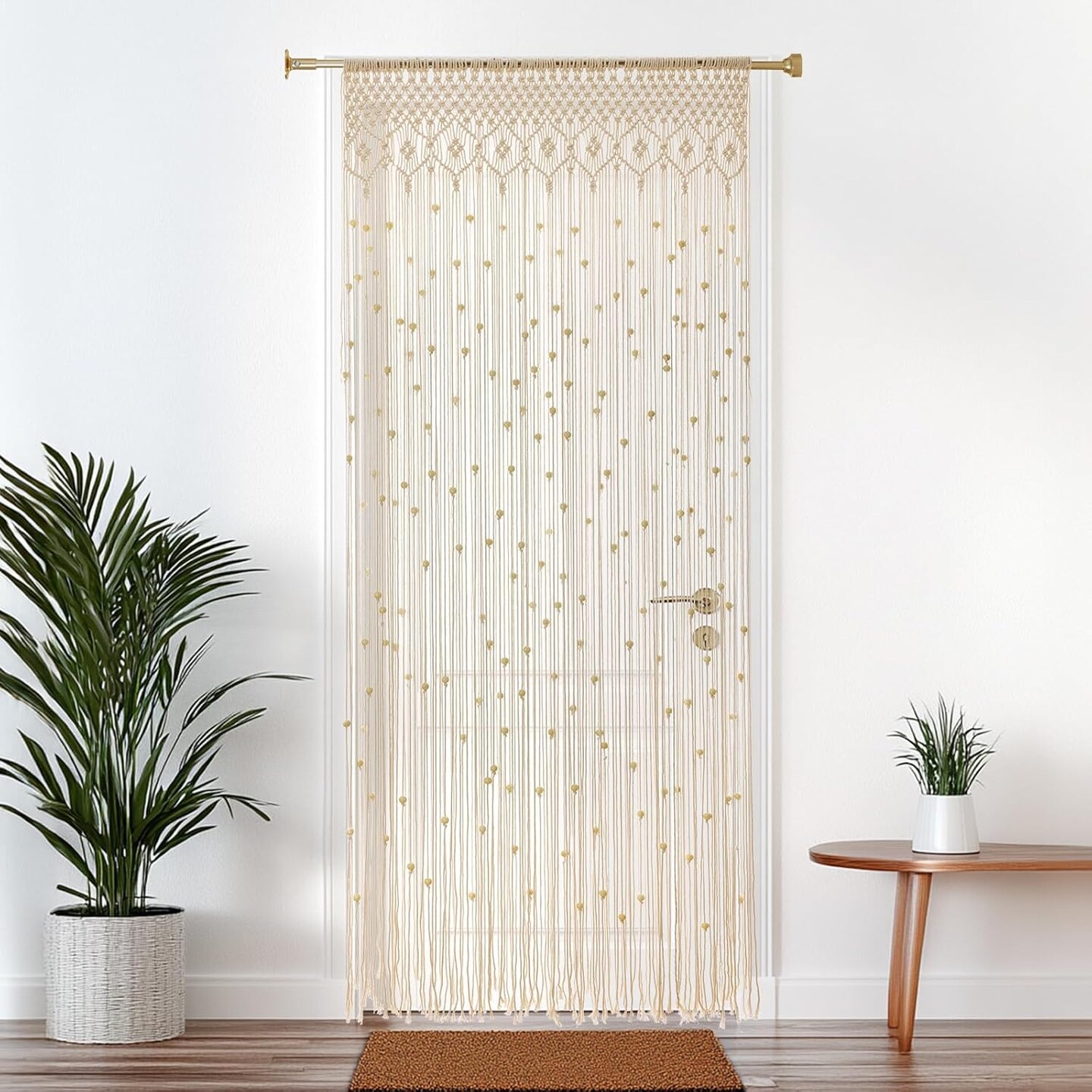 Boho Macrame Beaded Curtain Handmade Door Closet Curtain with Wooden Beads for Window Doorway Open Closet Bedroom Living Room Privacy Decor, 79&#x22; L x 36&#x22; W, White