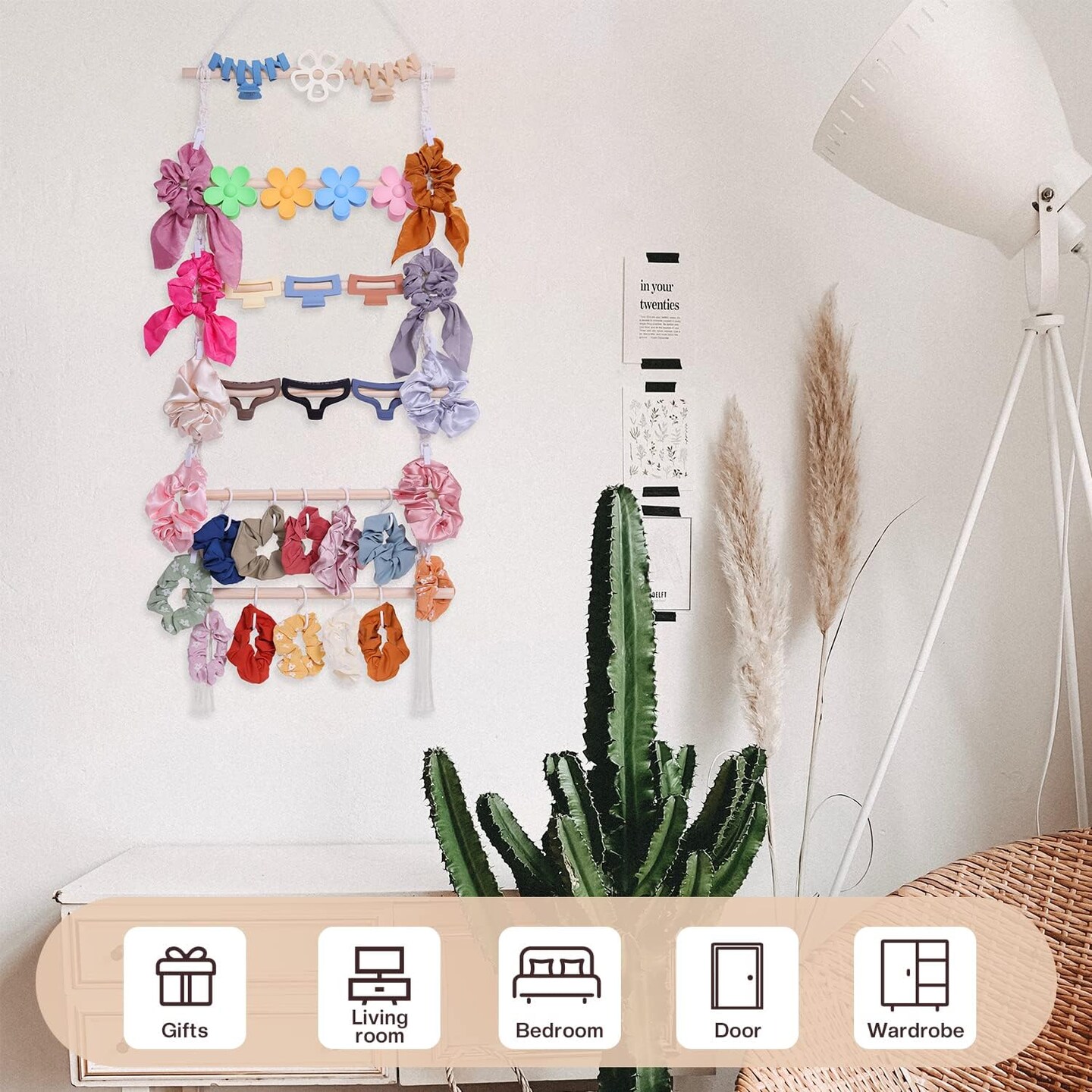 Macrame Hair Claw Clip Organizer, Hanging Bow Hanging Hair Clip Holder and Storage for Women Girls Hair Accessories, Boho Wall Decor, Suitable Home Door Closet Bedroom Decor