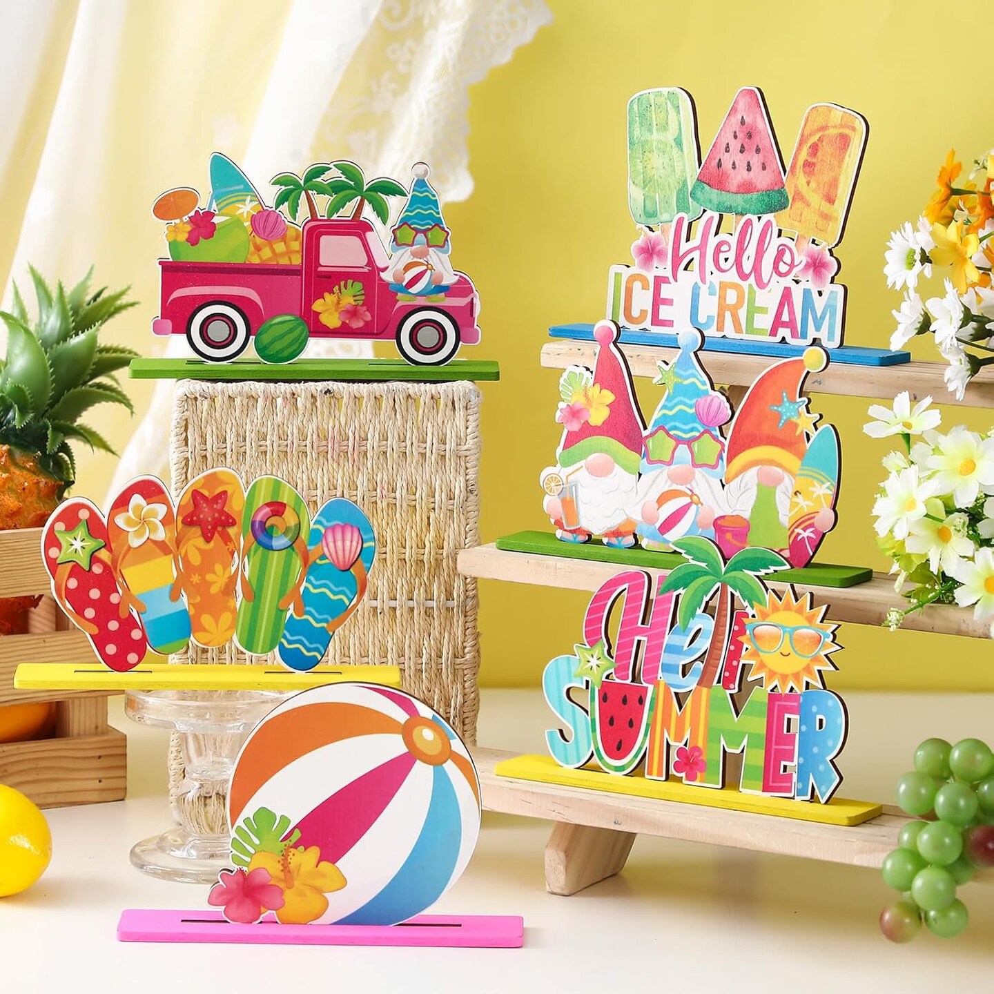 6 Pcs Hello Summer Table Decorations Sign Summer Gnome Wooden Table Centerpieces Beach Hawaii Table Decor Ice Cream Colorful Table Topper Sign