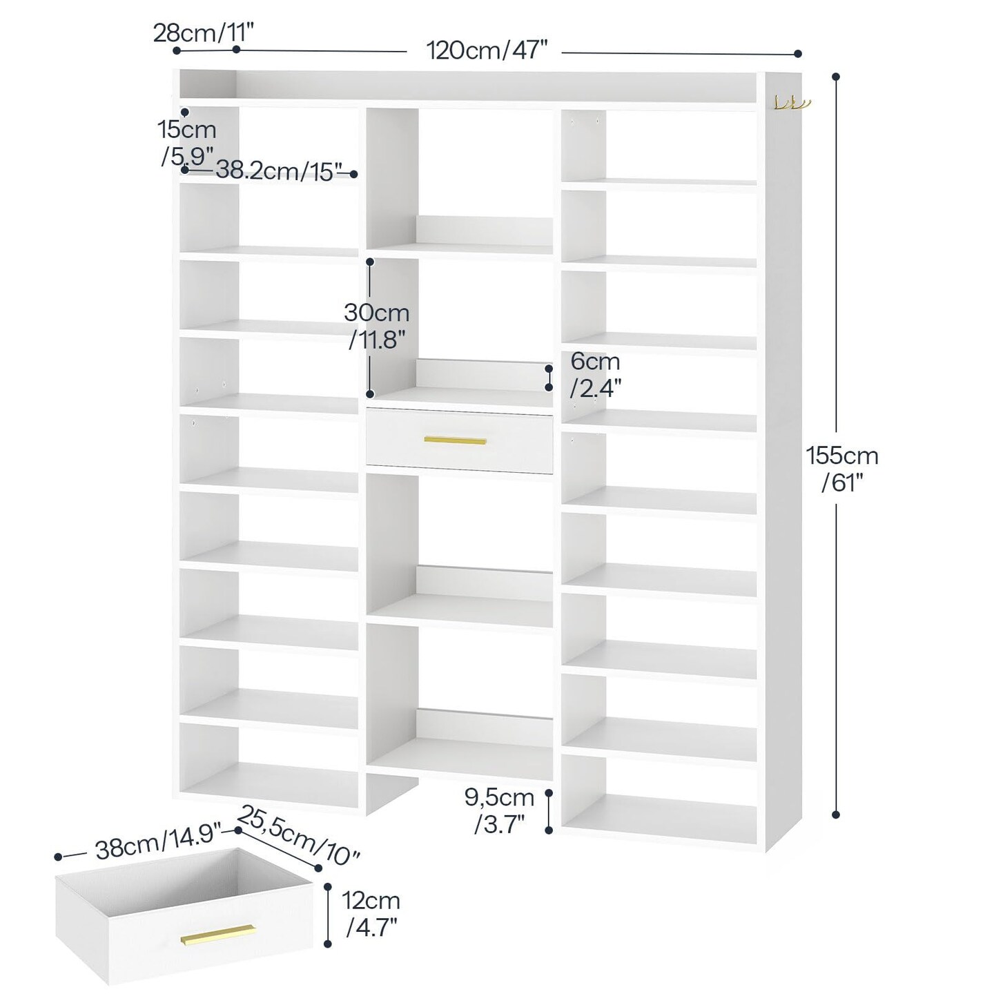 Tall Shoe Organizer with 10 Shelves, Non-Woven Drawer and Hanging Hooks