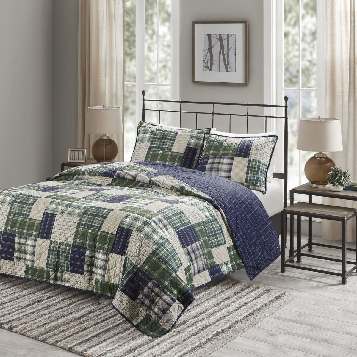 3 Piece Reversible Printed Quilt Set King/Cal King Green/Navy