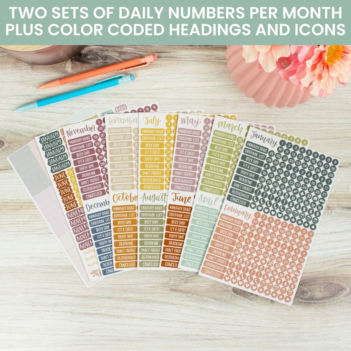 bloom daily planners Planner Stickers, Calendar Essentials Pack, Retro Rainbow