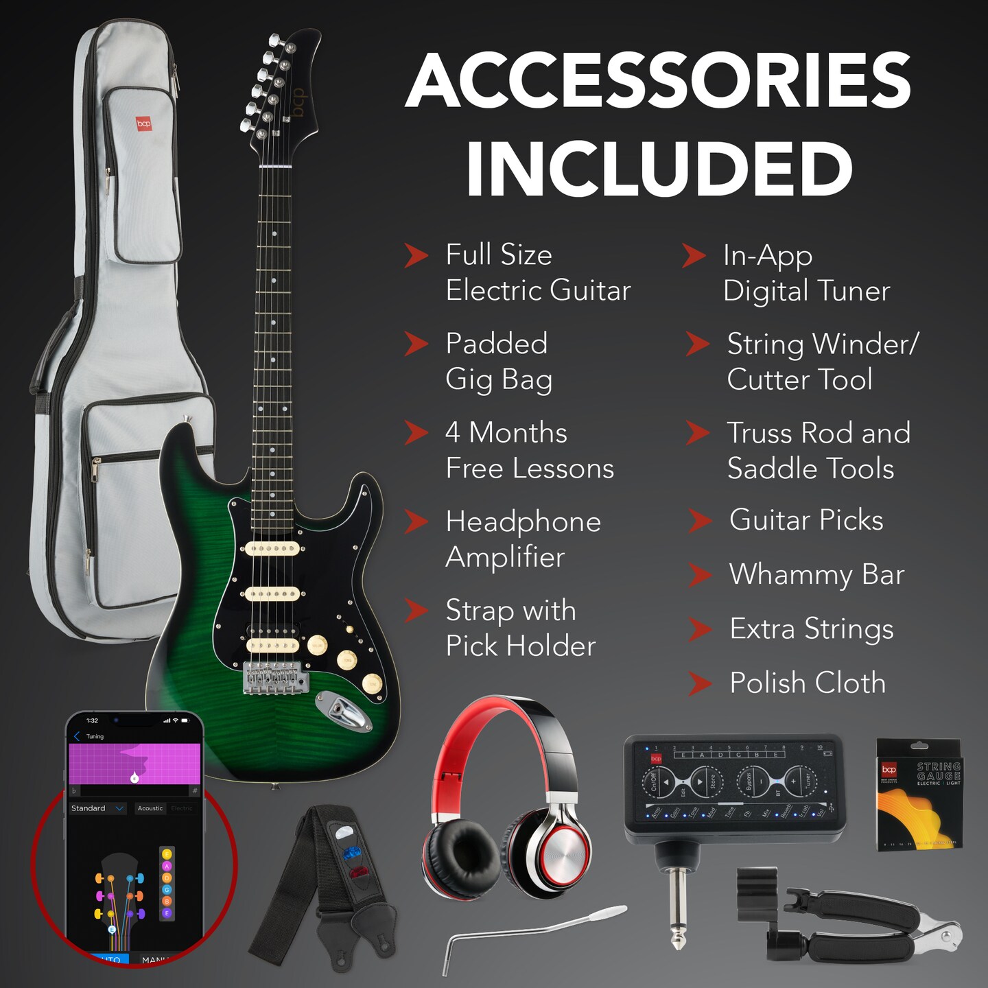 Best Choice Products Beginner Electric Guitar Kit w/ Headphone Amp, Padded Gig-Bag, Headphones