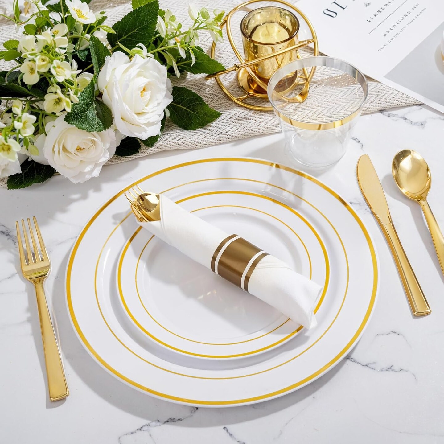 350Pcs White and Gold Plastic Plates for 50 Guests - Plastic Dinnerware Set, Includes 100 Gold Plates, 150 Silverware, 50 Napkins, 50 Cups for Party, Disposable Plates for Party