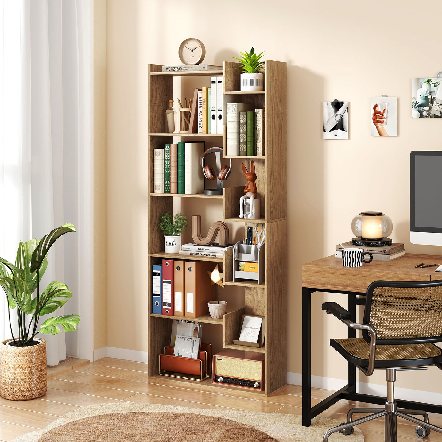 Wooden 6-Tier Bookshelf with Wall Anchor Kit and Open Shelves for Living Room