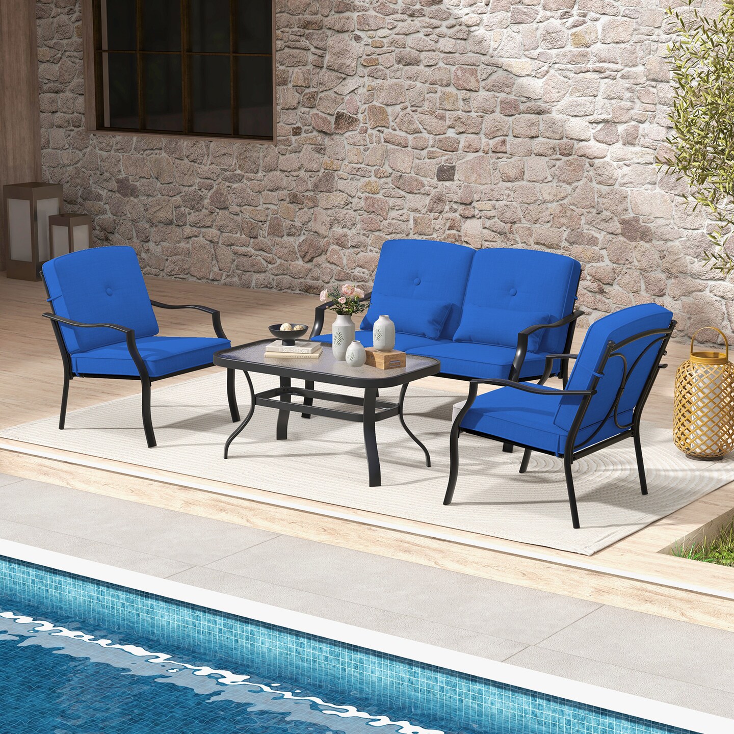 4-Piece Outdoor Patio Metal Furniture Set Loveseat Single Chair & Tempered Glass Coffee Table with Cushions