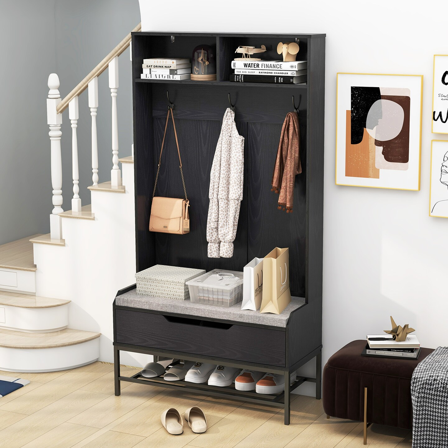 69-Inch Tall Hall Tree with Hooks, Storage Shelf, and Shoe Rack for Entryway