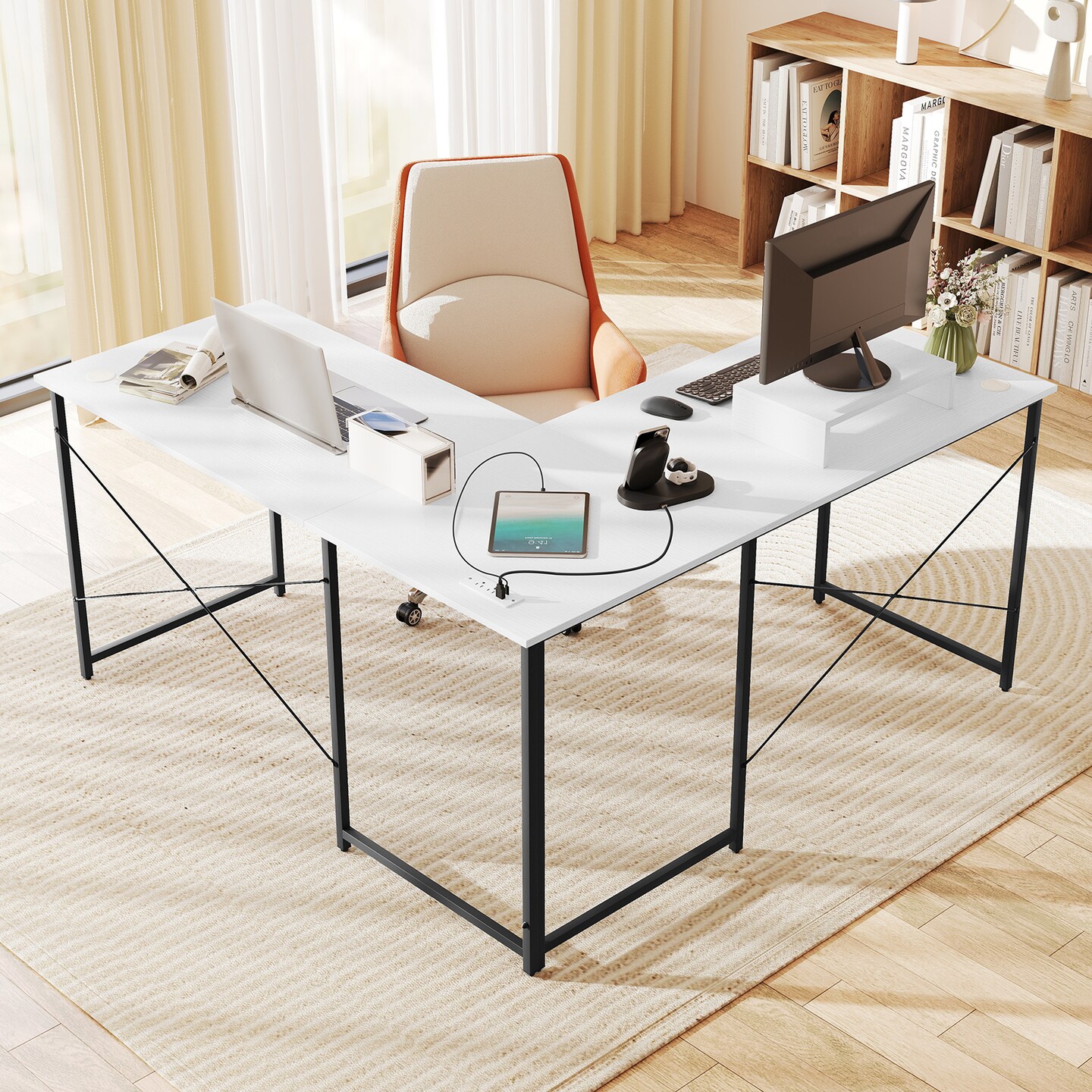 95&#x22; L-Shaped Desk for Two People with Adjustable Monitor Shelf and Cable Management