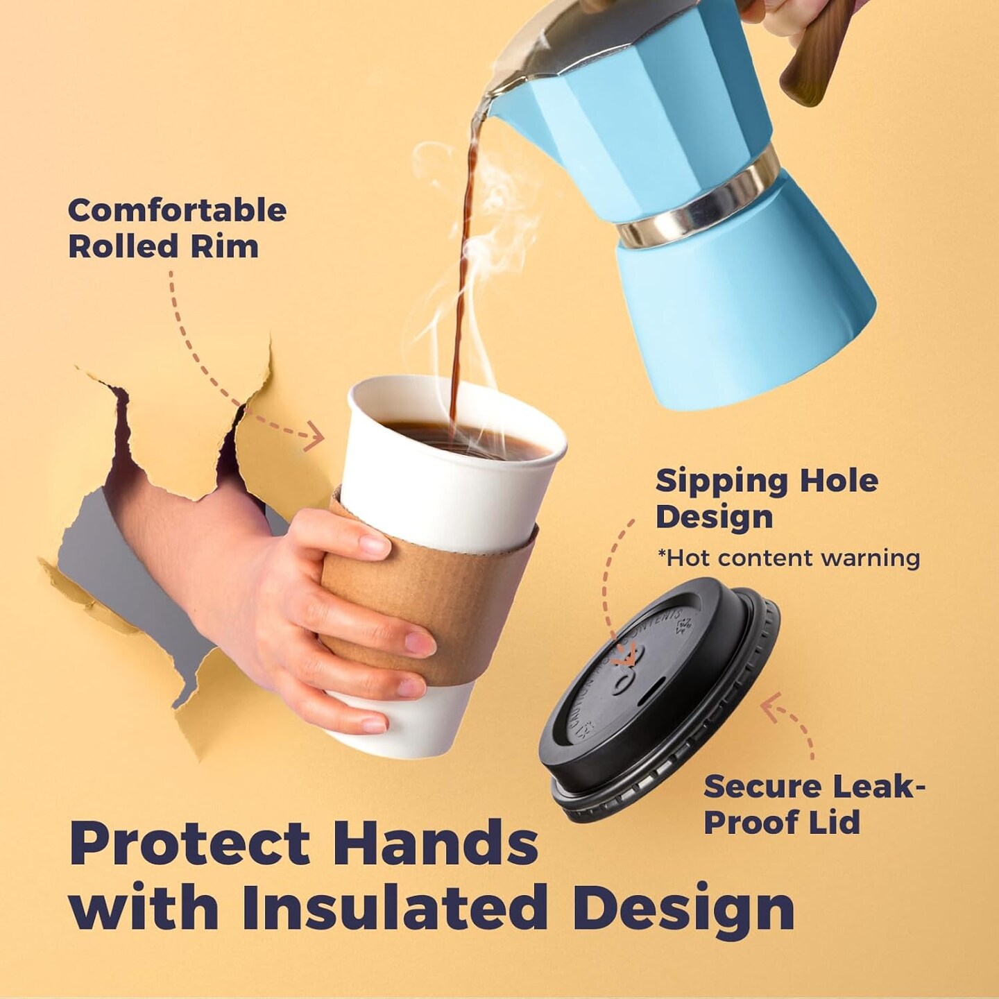 50 Pack 16 oz Disposable Coffee Cups with Lids, Sleeves, Leak-Proof To Go Coffee Cups with Lids, Durable Paper Cups for Hot Beverage, Home, Office, Party