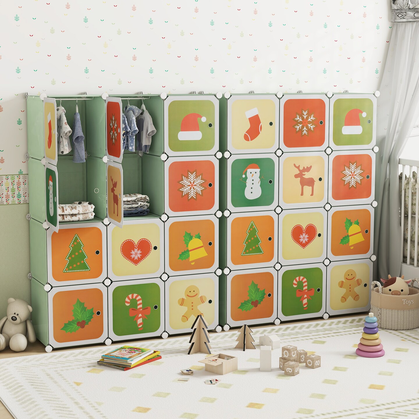 12 Cube Kids Storage Closet with Hanging Pole and Cartoon Doors