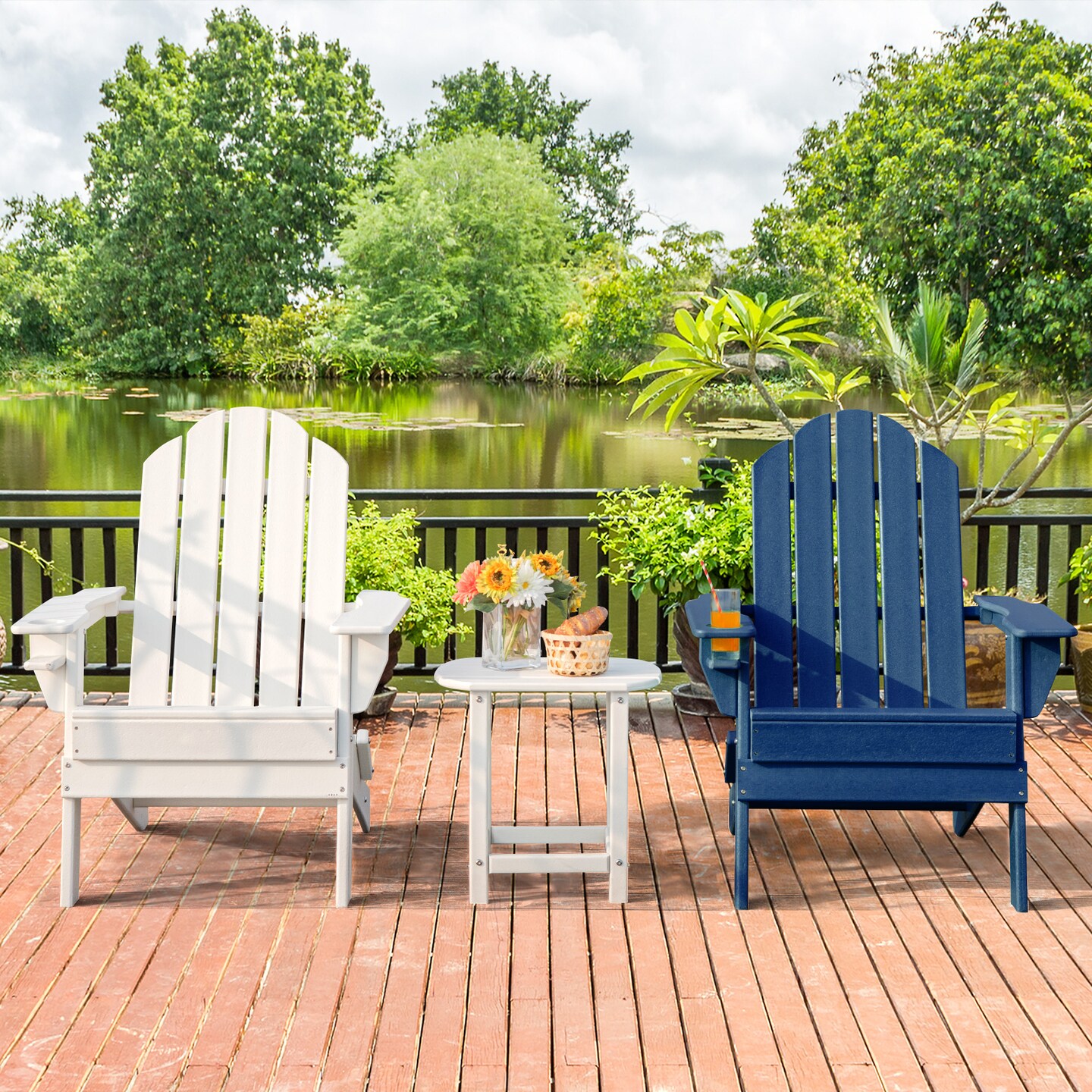 Foldable PE Weather-Resistant Adirondack Chair with Triangular Support for Garden and Patio