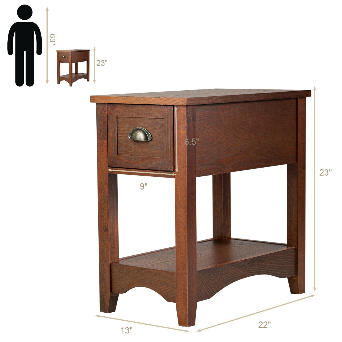 Modern Narrow End Table with Storage Drawer and Display Shelf