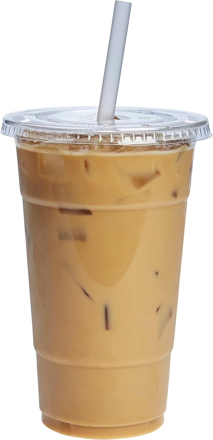 [24 oz. - 100 Count Clear PET Cups with Lids, Disposable Coffee Cups with Flat Lids - Ideal for Cold Beverages, Smoothies, and to-Go Drinks - Formerly Comfy Package