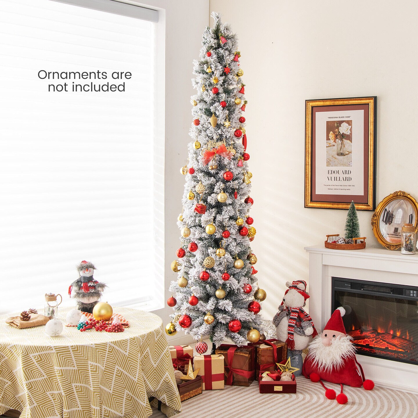Pre lit Slim Flocked Christmas Tree with Warm Lights and Metal Stand