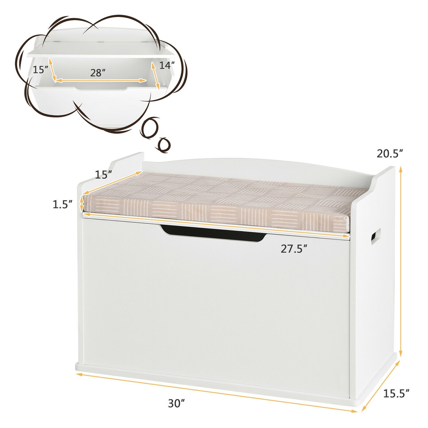 Spacious White Storage Bench with Padded Seat and Rounded Corners Perfect for Kids Room Storage