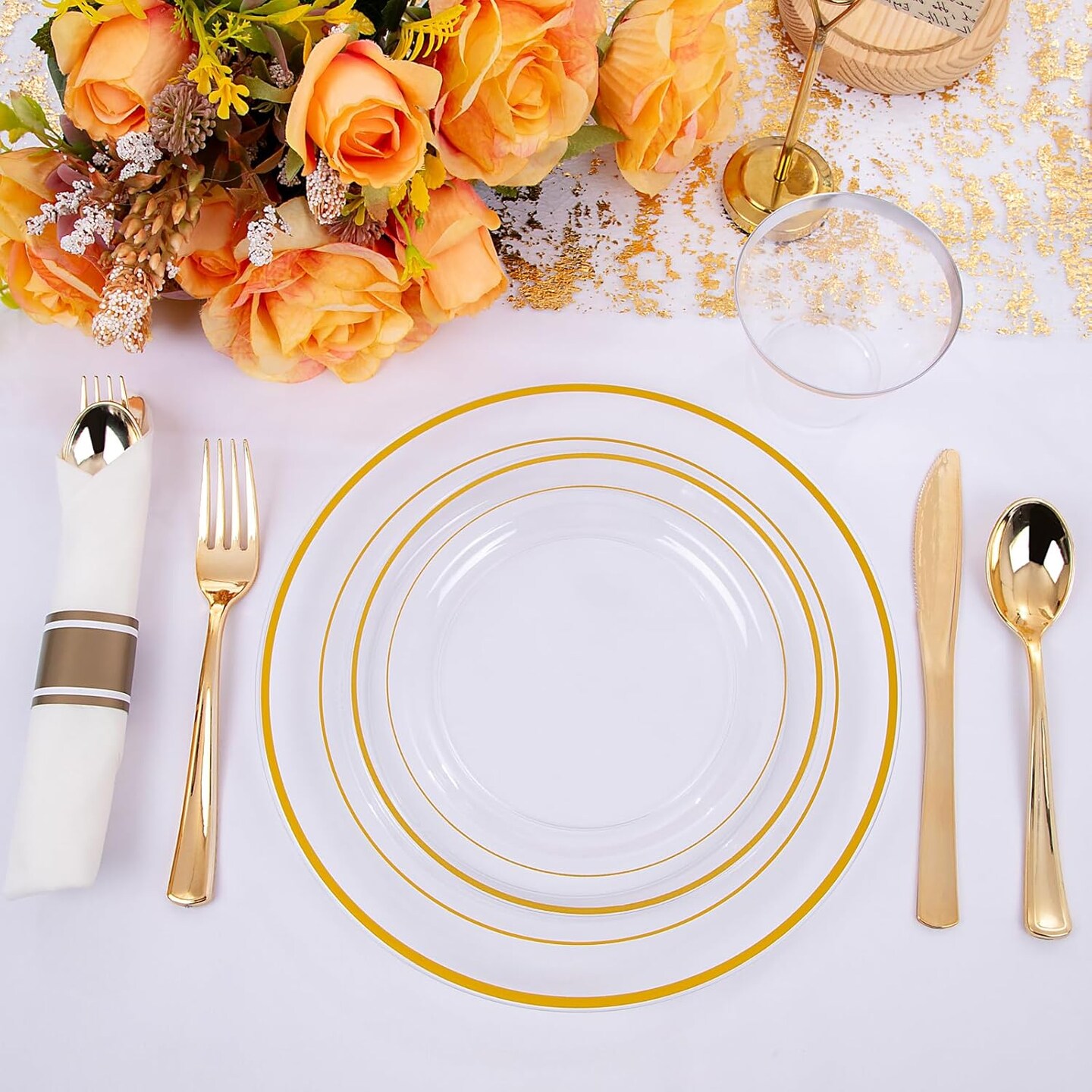 210PCS Clear-Gold Plastic Plates - Dinnerware Sets for 30 Guests - 60 Disposable Plates, 90 Plastic Silverware, 30 Cups, 30 Napkins for Party