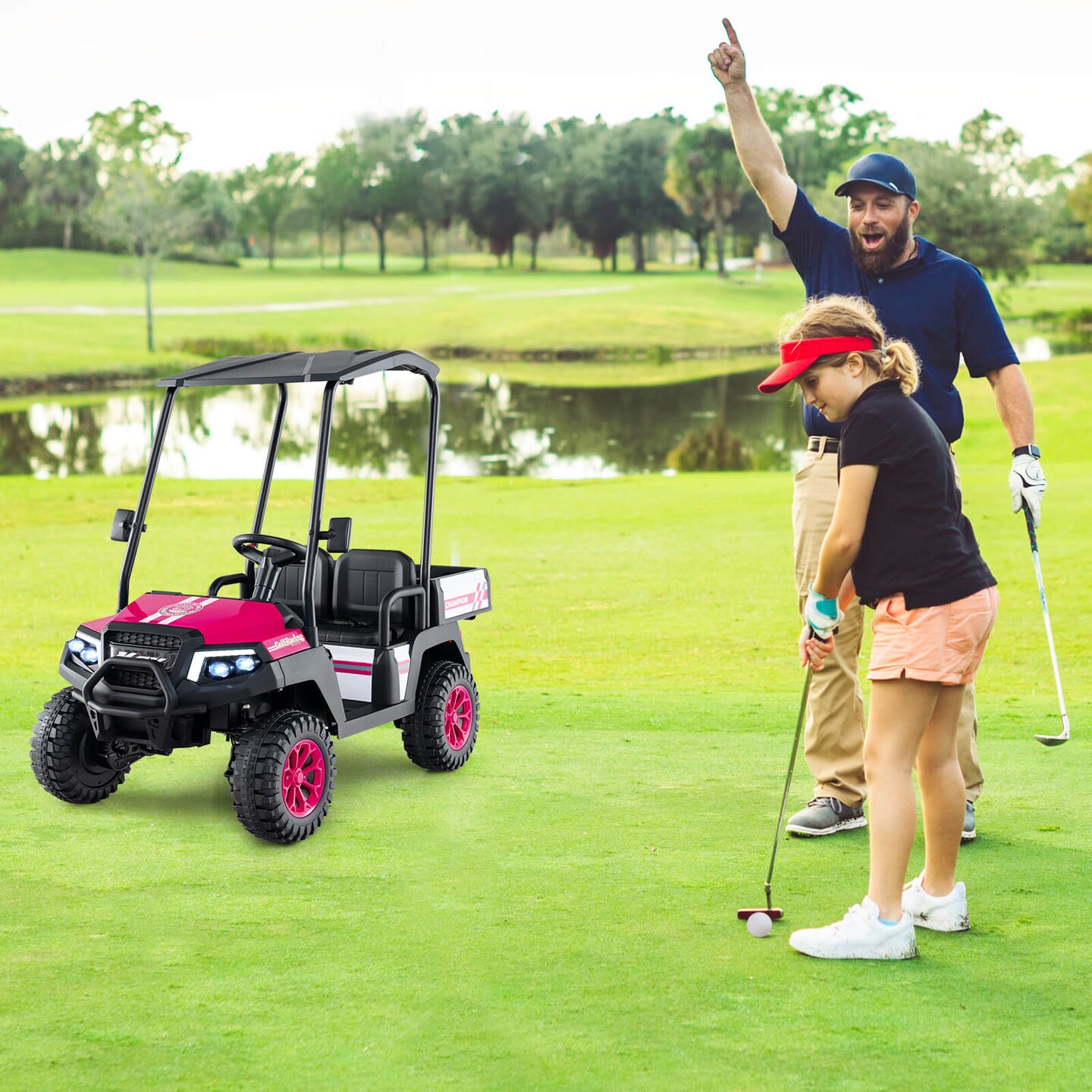 2-Seater Kids Golf Cart 4WD with Storage Trunk, Horn and Rechargeable Battery