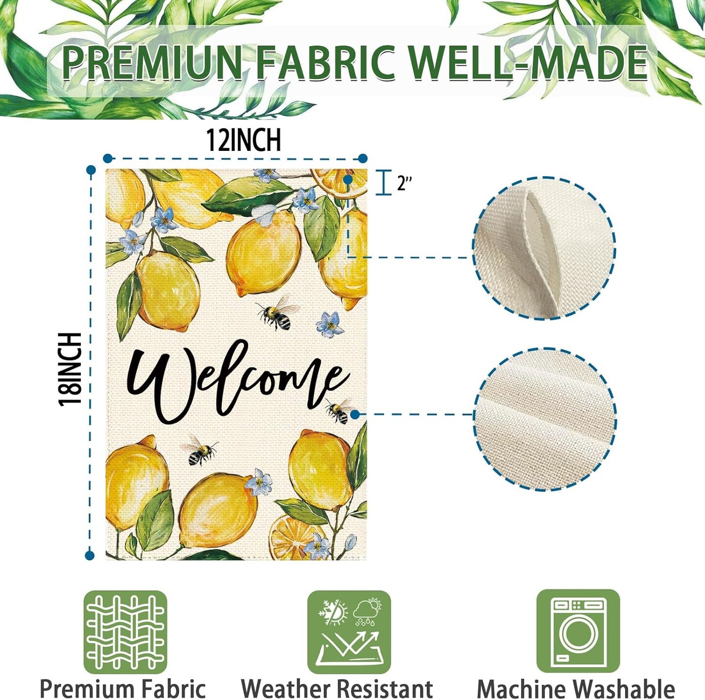 Spring Summer Lemon Welcome Garden Flag 12 x 18 Inch Double Sided, Yellow Lemon Fruit Bee Farmhouse Burlap Small Yard Flag Summer Seasonal Holiday Outdoor Outside Decoration