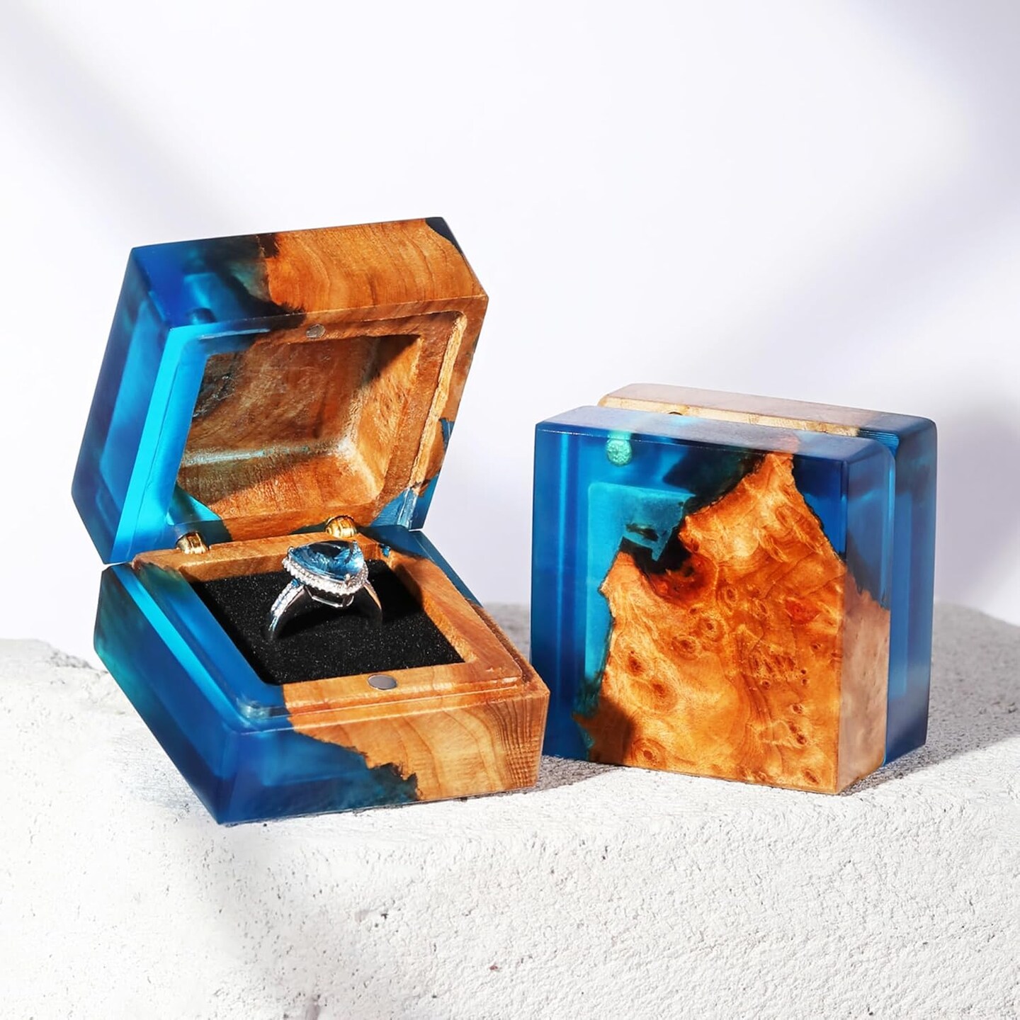 Handcrafted Blue Wedding Engagement Ring Box – Single Slot Wooden & Resin Proposal Box for Ceremony