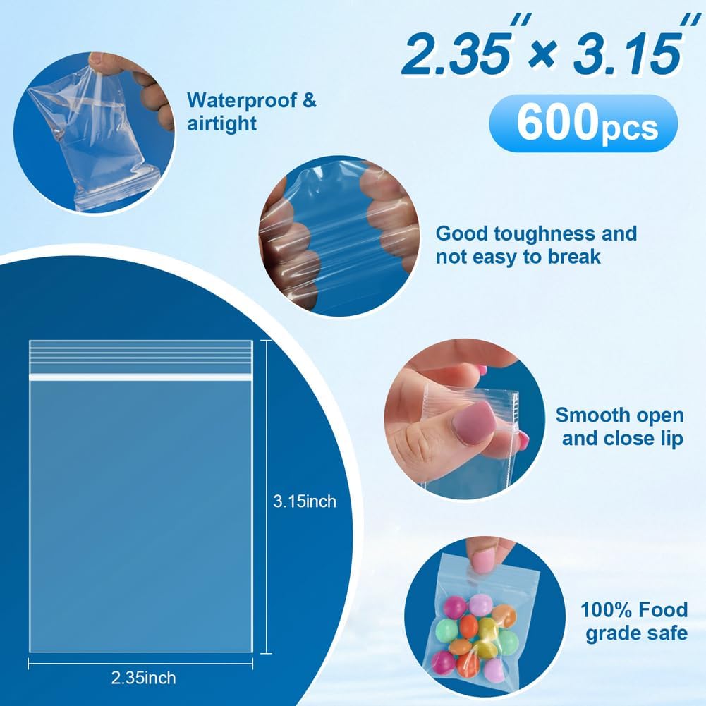 600pcs Small Plastic Bags, 2.35x3.15 inch Thick 2 mil Jewelry Bag, Clear Mini Poly Bags, Resealable Zip Bag for Small Business, Storage, Pills, Beads, Screws, Coins, Candy