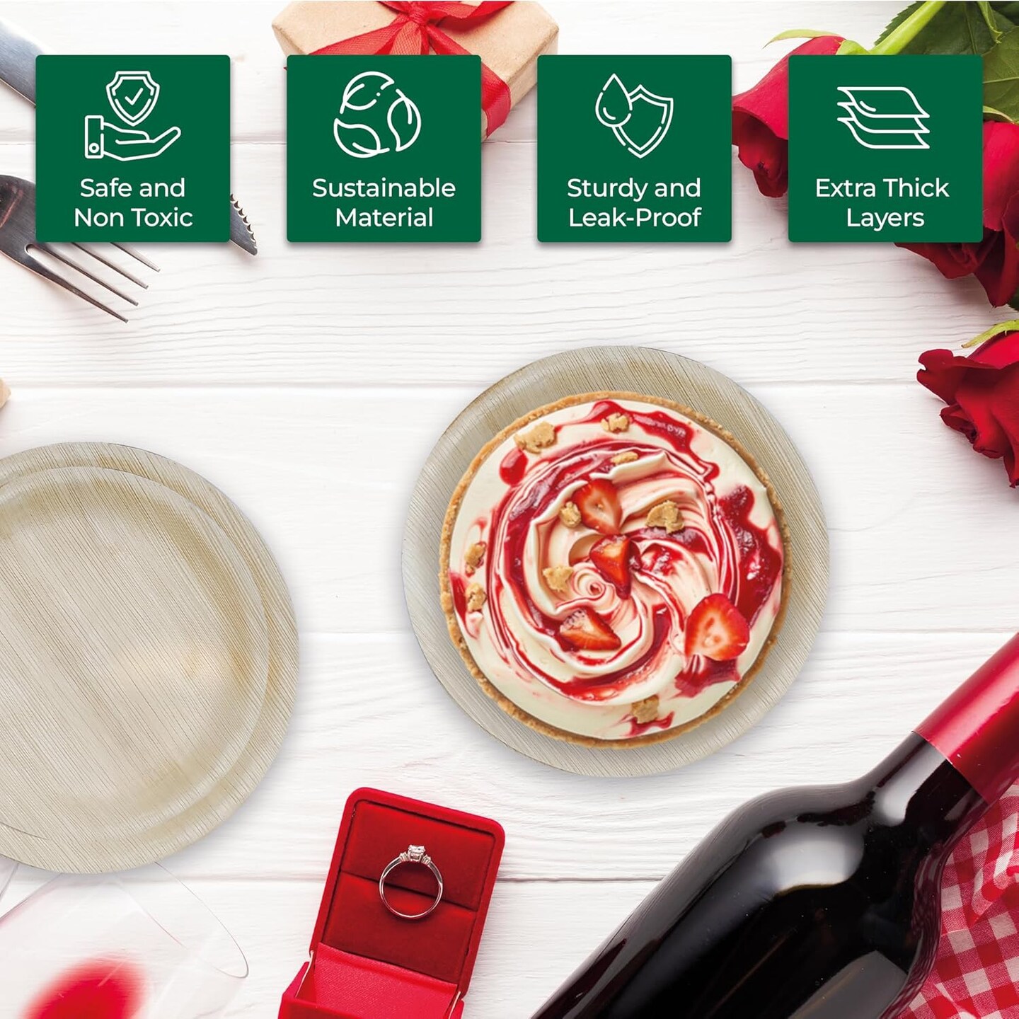 Palm Leaf Disposable Plates - Bamboo Plates Disposable 7 & 10 Inch Round (50pc) - 100% Compostable & Biodegradable Plates with Cutlery (25 Forks, 25 Knives) - Heavy-Duty, Party Dinnerware Set