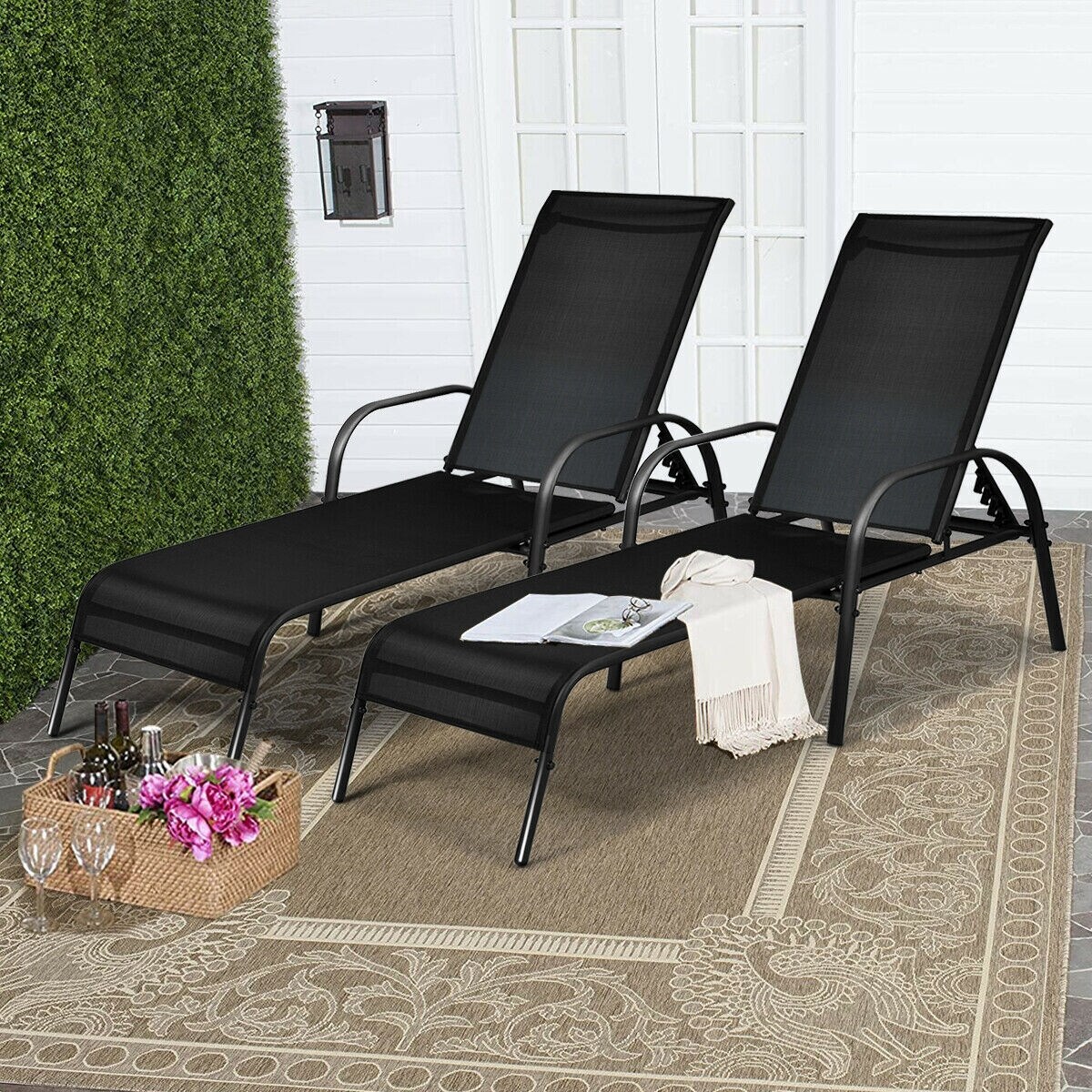 2-Piece Chaise Lounge Set with Curved Armrests for Patio and Backyard