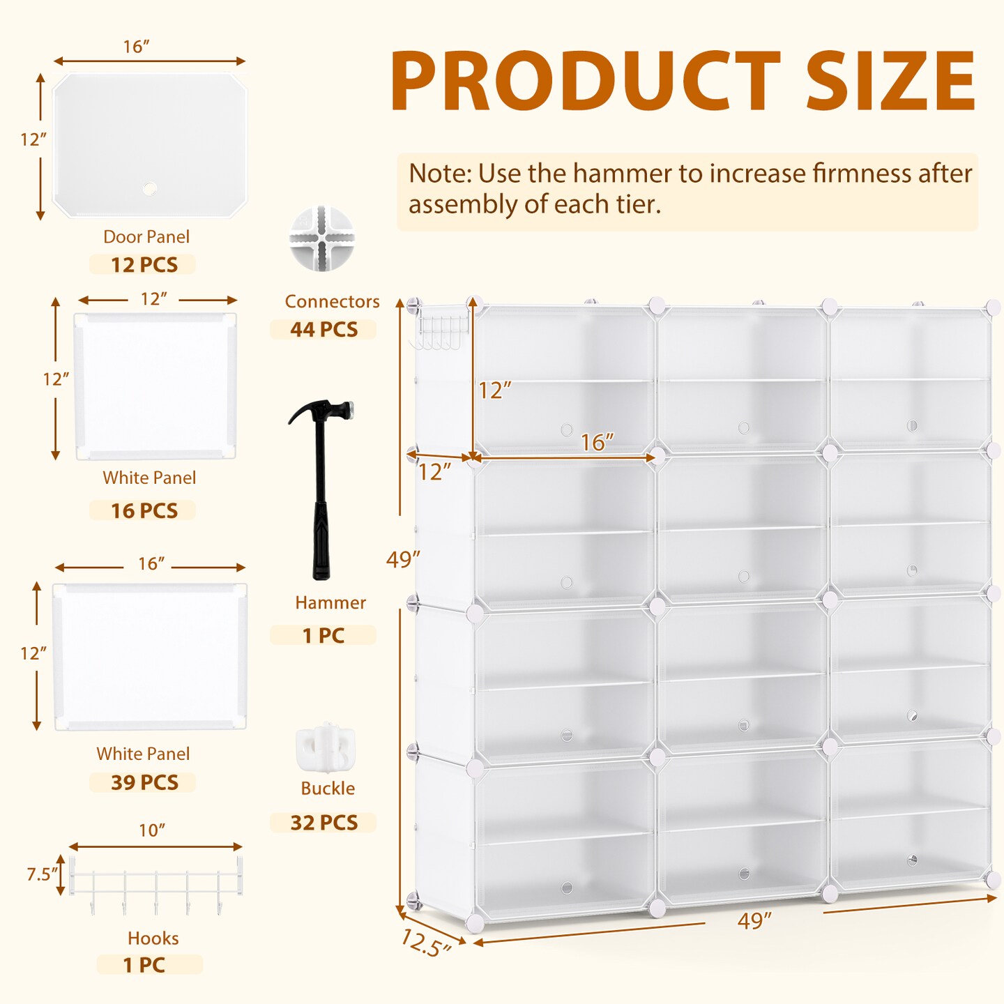 White Steel 12-Cube Modular Shoe Shelves Cabinet with Hooks and Dust-Proof Doors