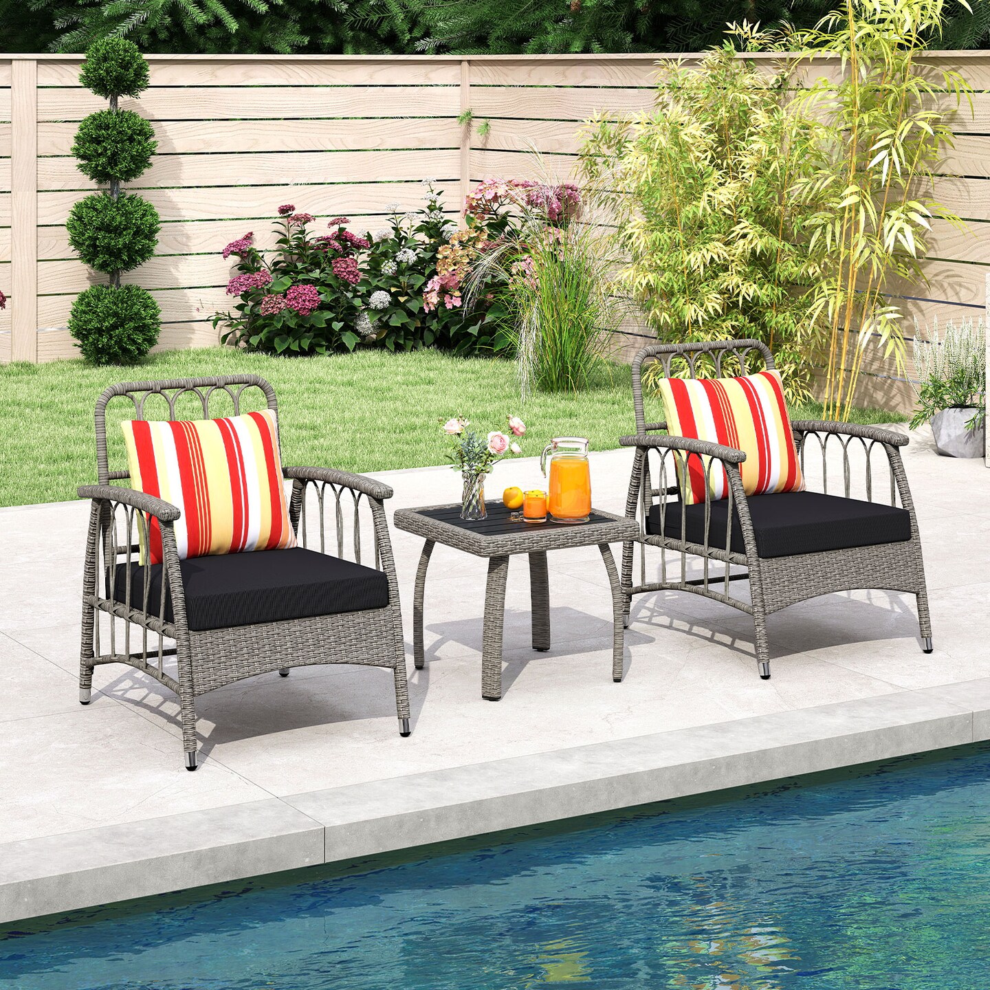 3-Piece Outdoor Patio Set Reclining PE Rattan Chairs with Cushions &#x26; Coffee Table, Adjustable Backrests, Mix Gray