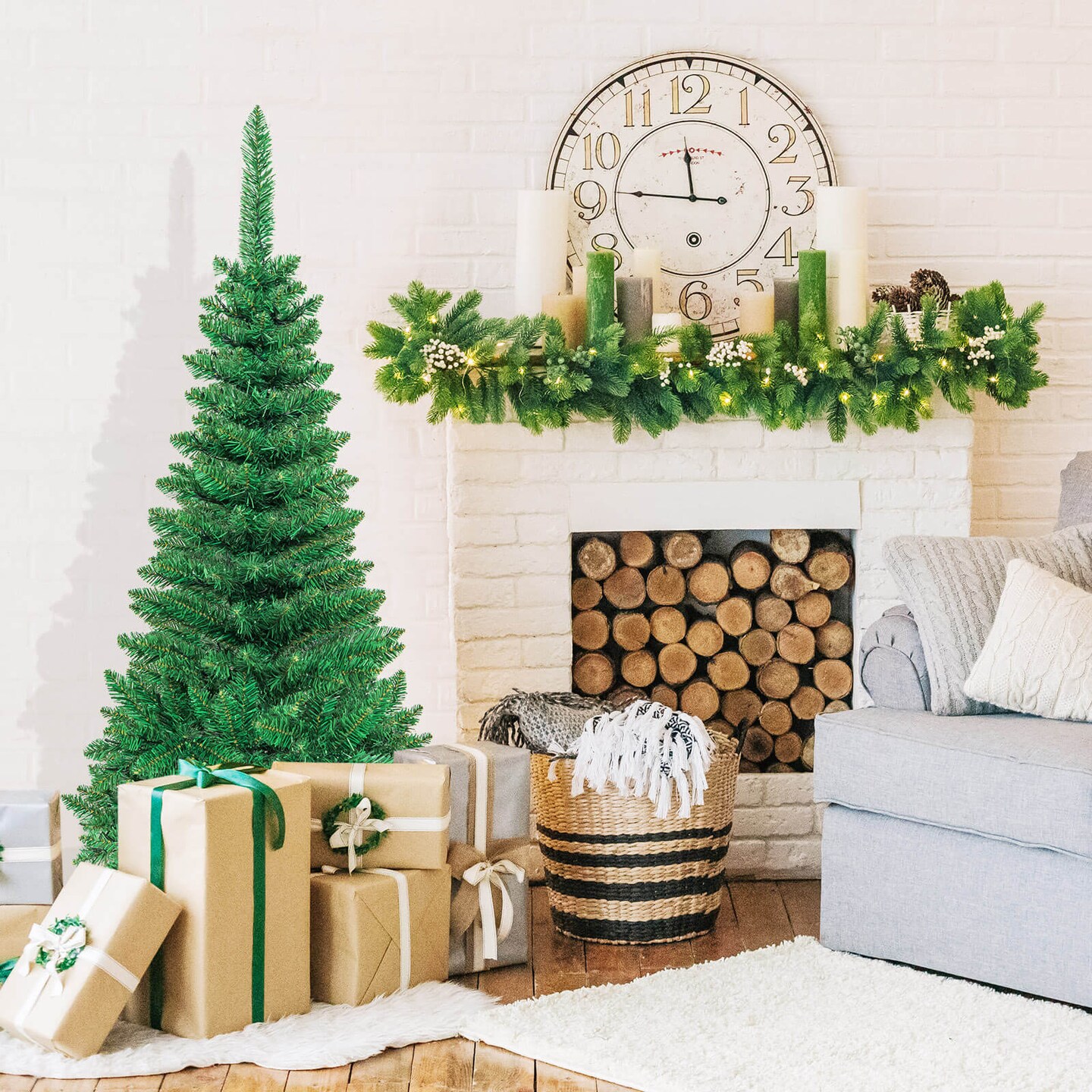 Slim Pre-Lit Pencil Christmas Tree with Warm LED Lights and Metal Stand