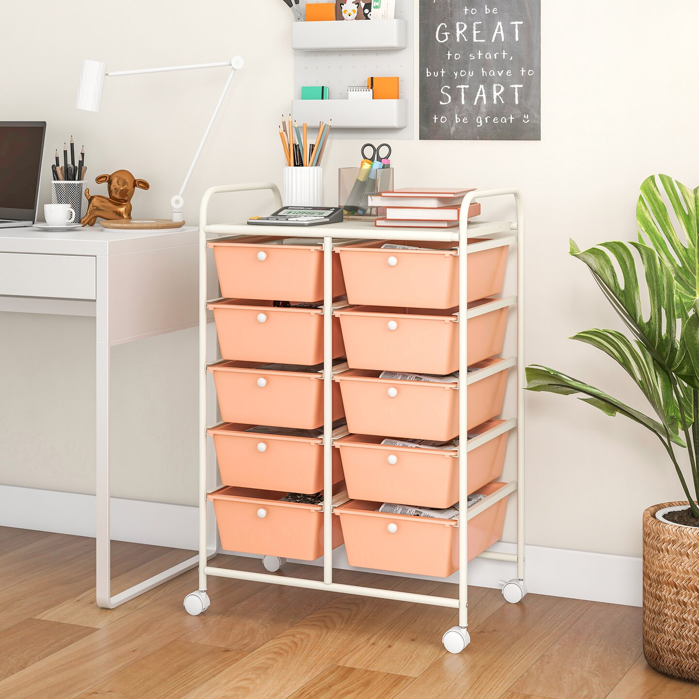Rolling Storage Organizer Cart with 10 Drawers and Mesh Top Shelf