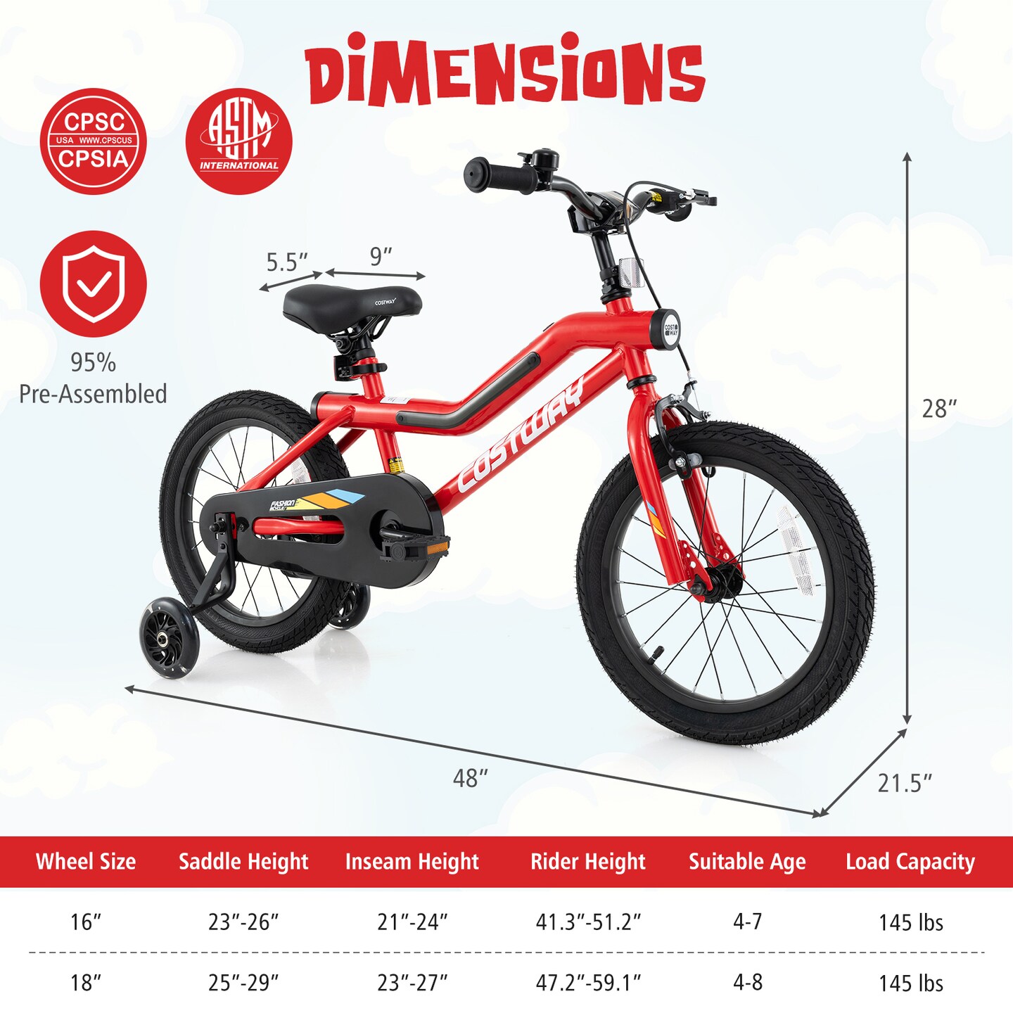 16-Inch Kids Bike with Adjustable Seat, LED Lights, and Safety Features for Ages 4-8