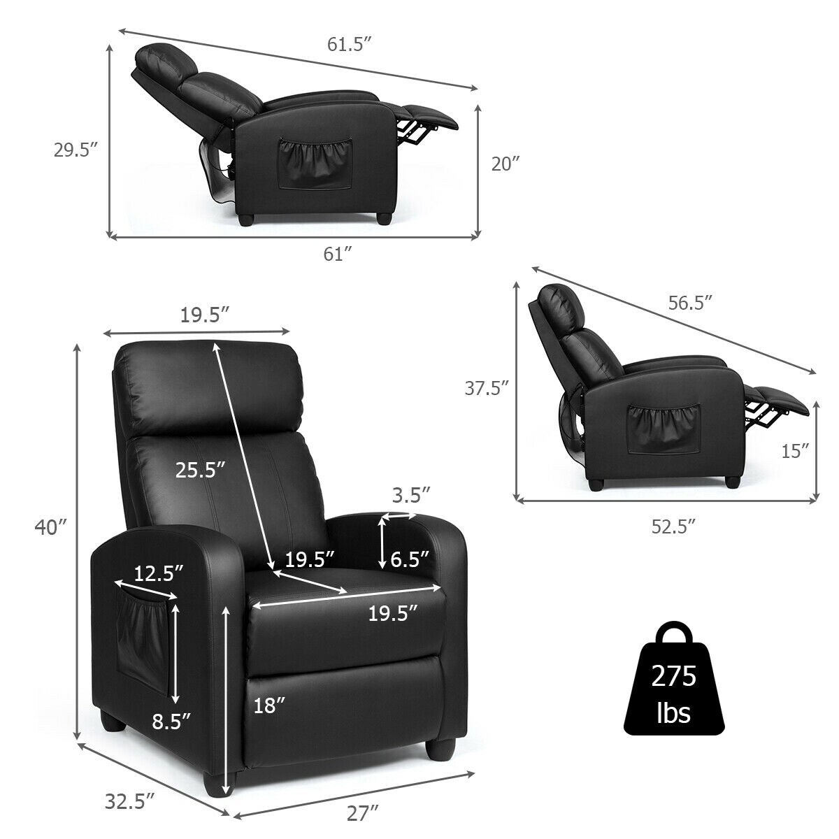 Recliner Massage Chair Single Seat with Remote and Side Pocket